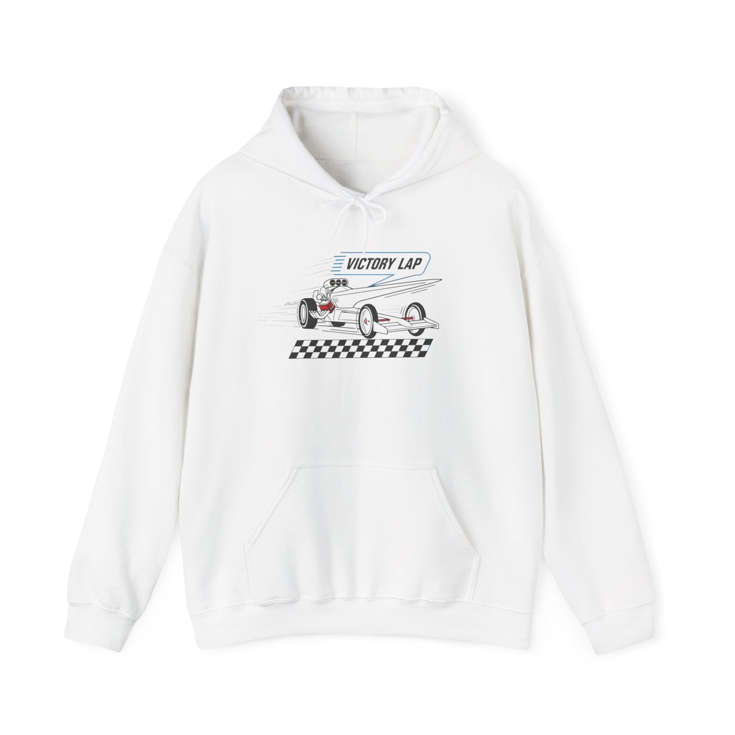 White hoodie with a race car graphic and 'Victory Lap' text on a white background