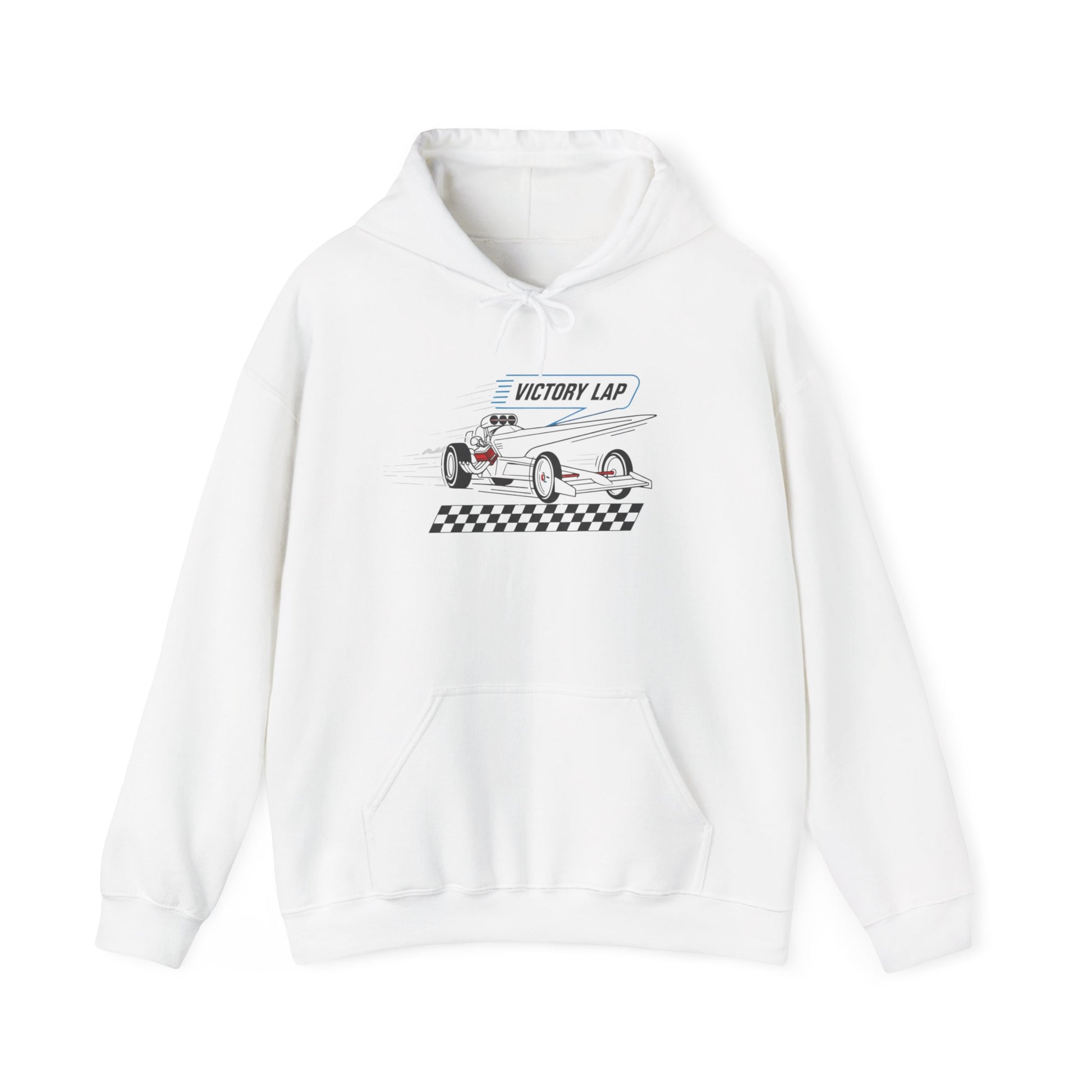 White hoodie with a race car graphic and 'Victory Lap' text on a white background