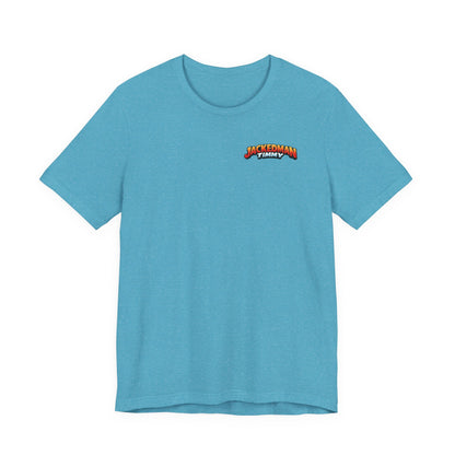 Blue t-shirt with a 'Jackedman Timmy' logo on the chest against a white background