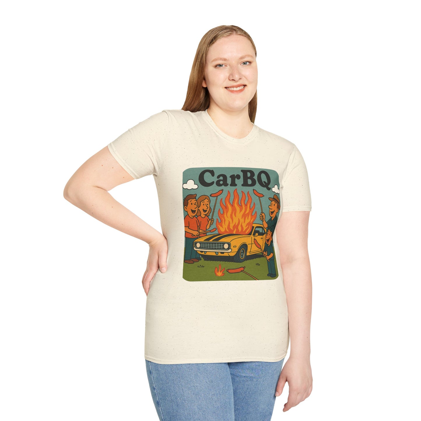 Person wearing a cream t-shirt with a graphic design and text 'CarBO' on a white background