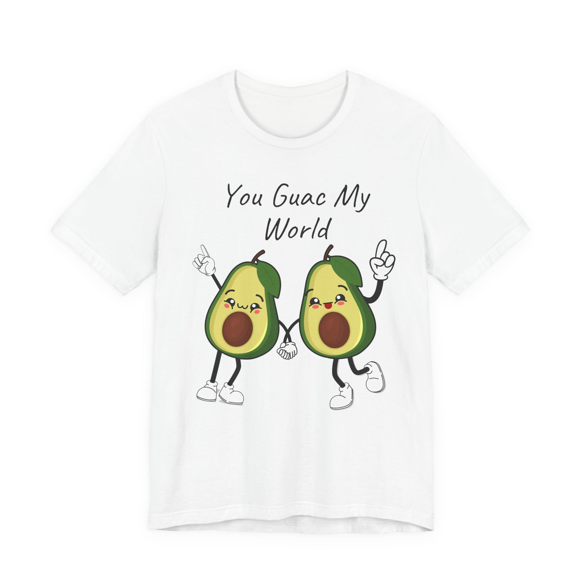 White t-shirt with cartoon avocados and text 'You Guac My World' on a white background