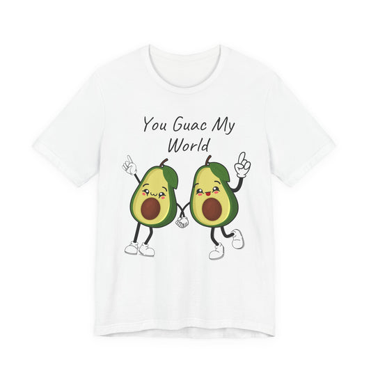 White t-shirt with cartoon avocados and text 'You Guac My World' on a white background