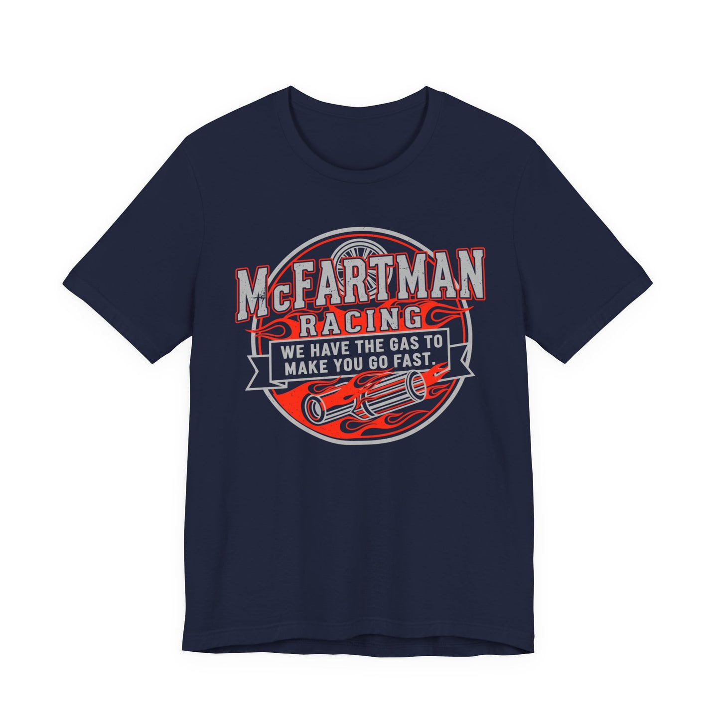 Navy blue t-shirt with 'McFartman Racing' graphic design on a white background