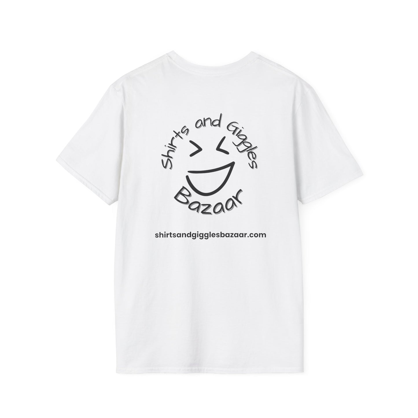 White t-shirt with black text 'Shirts and Giggles Bazaar' and smiley face design on a white background
