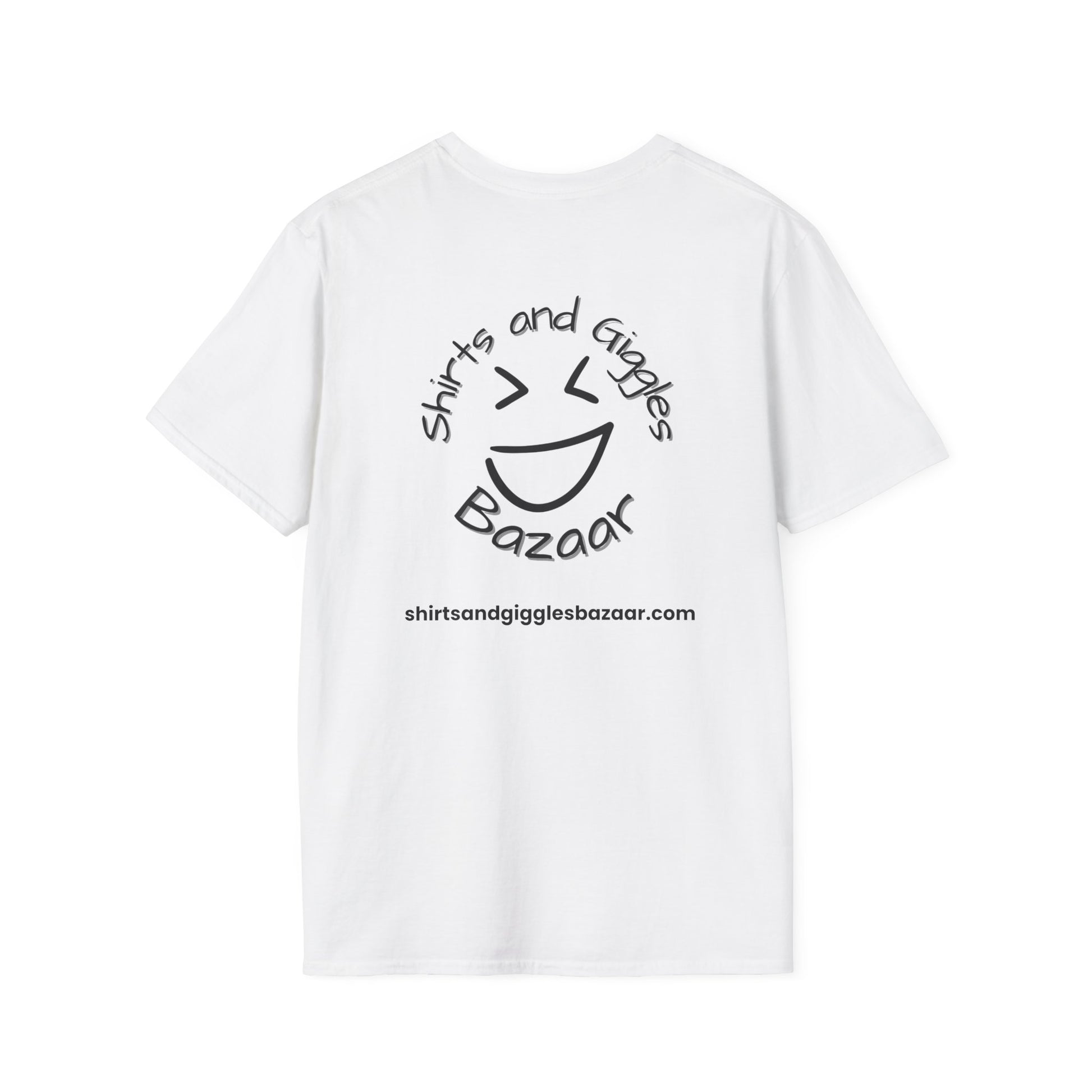 White t-shirt with black text 'Shirts and Giggles Bazaar' and smiley face design on a white background