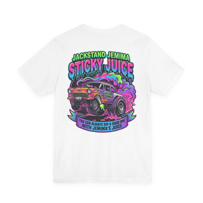 White t-shirt with colorful graphic design and  'Jackedstand Jemima Sticky Juice You Can Always Rip A Good One With Jemima's Juice' text on a white background