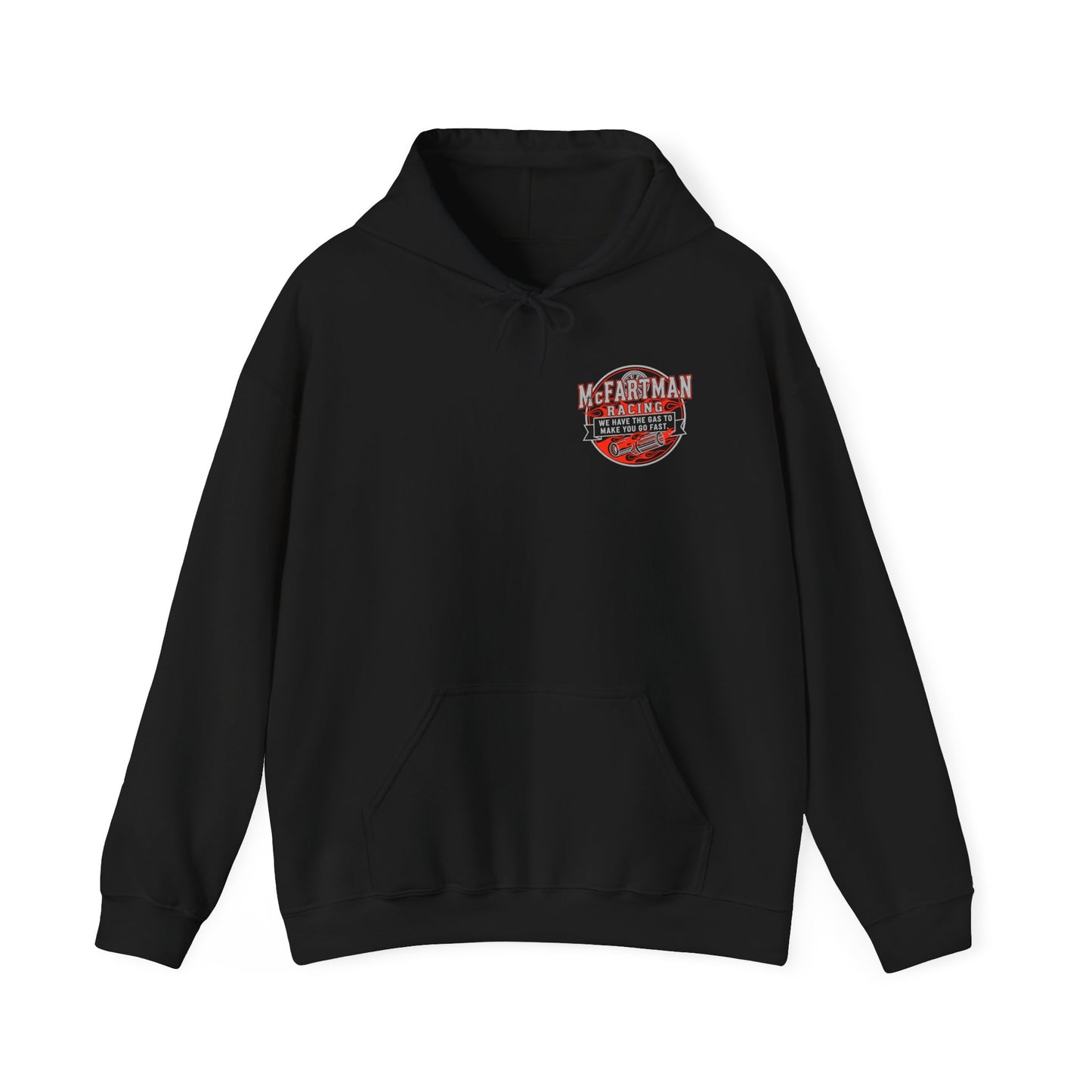 Black hoodie with a logo McFartman Racing We have the gas to make you go fast on the chest against a white background
