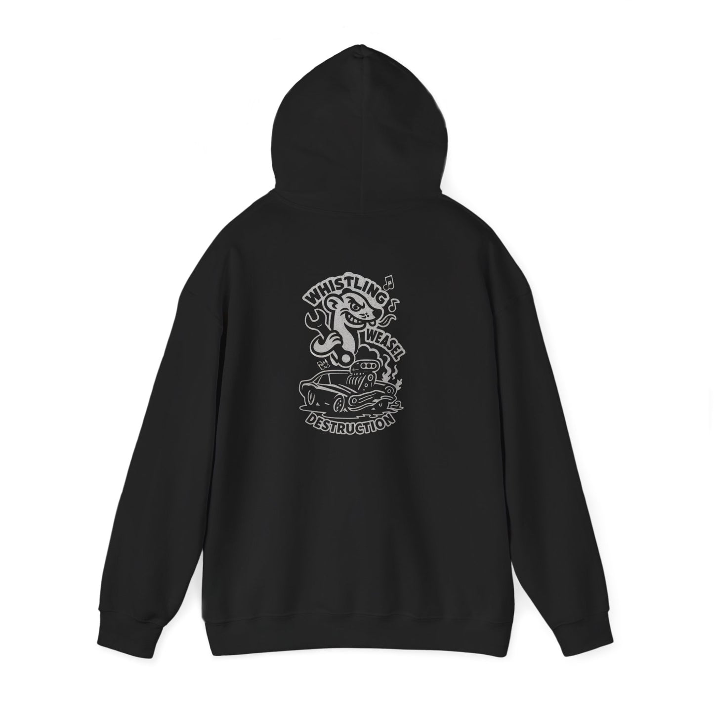 Flat lay of black Gildan 18500 hoodie showing large white back graphic of flame-spitting car and wrench-wielding weasel. Text reads “Whistling Weasel Destruction.”