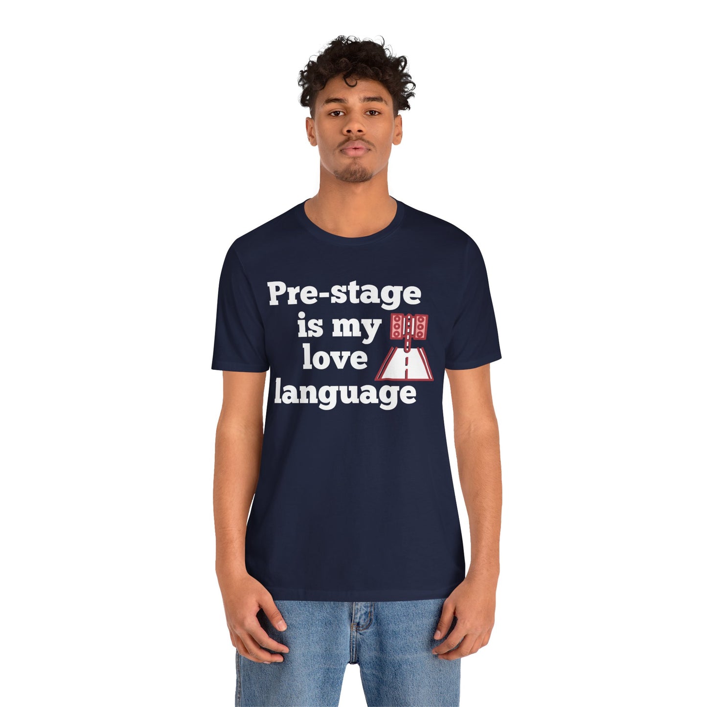 Person wearing a navy blue t-shirt with text 'Snooze button is my love language' and graphic design on a white background