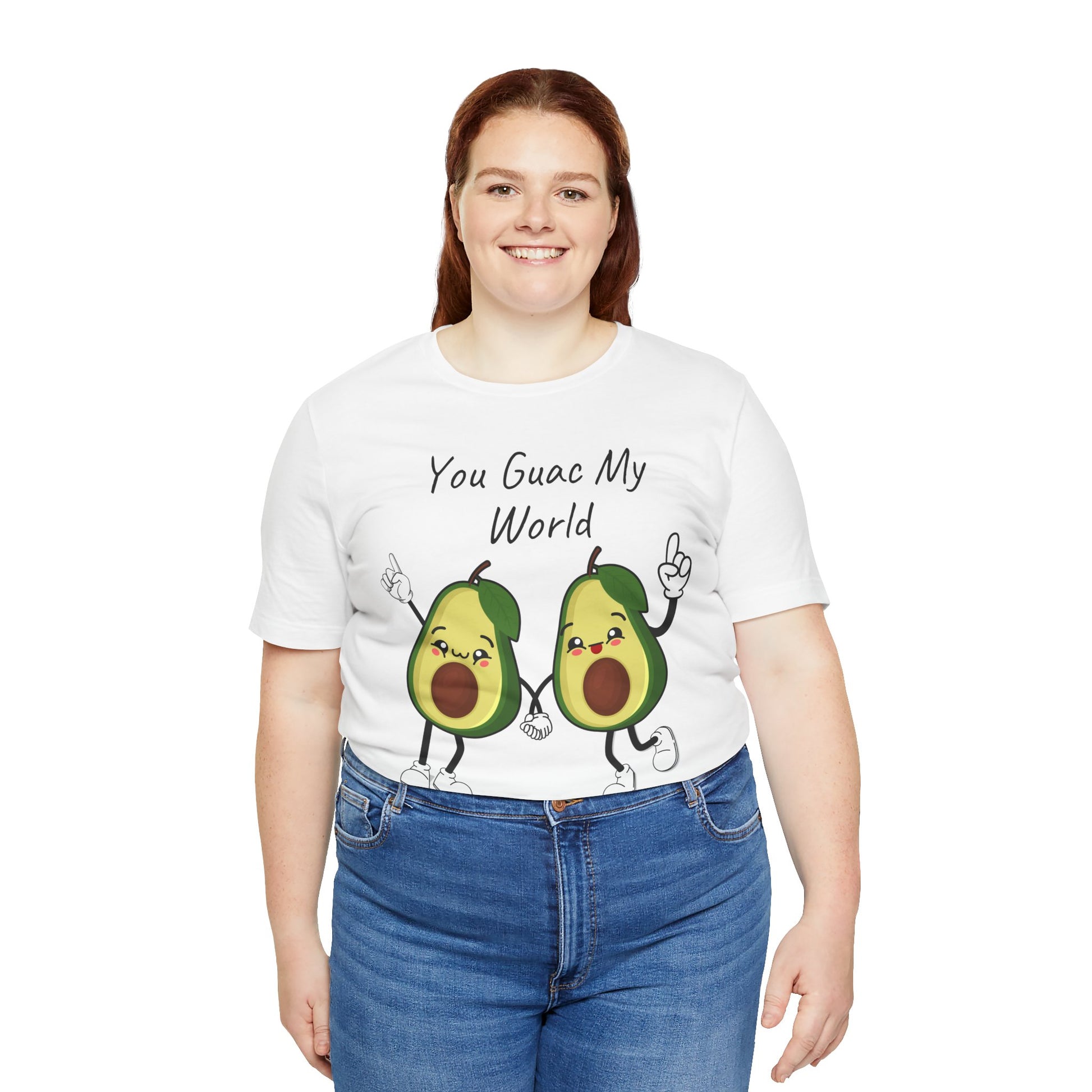 Person wearing a white t-shirt with avocado graphics and text 'You Guac My World' on a white background
