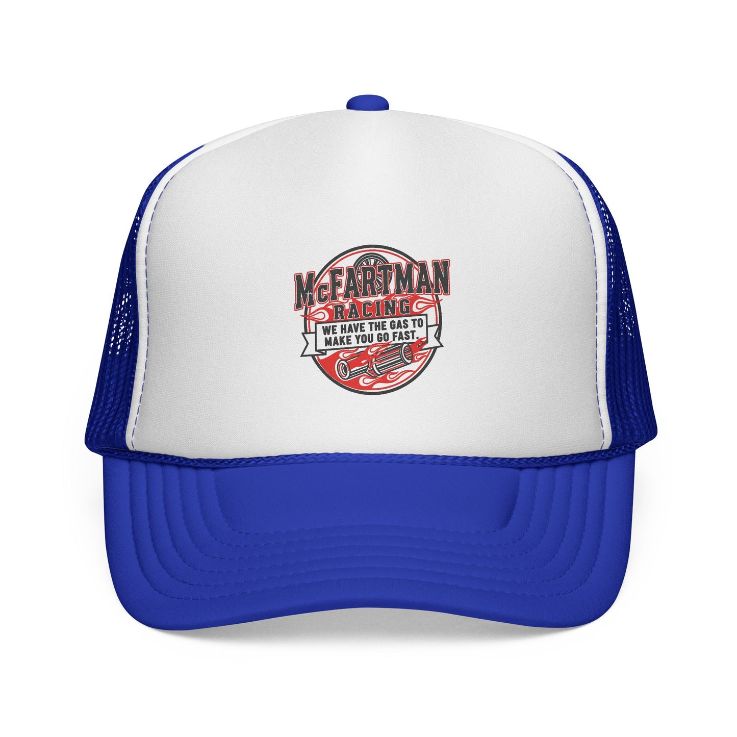 White and blue trucker hat with a red and black logo McFARTMAN Racing We have the gas to make you go fast on a white background