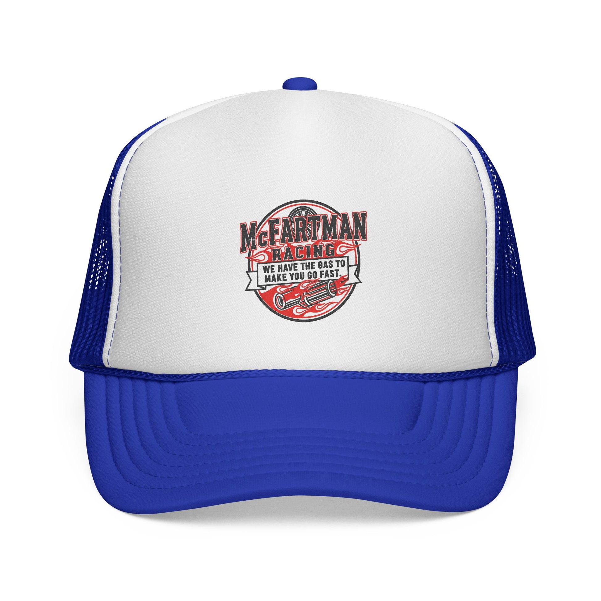 White and blue trucker hat with a red and black logo McFARTMAN Racing We have the gas to make you go fast on a white background