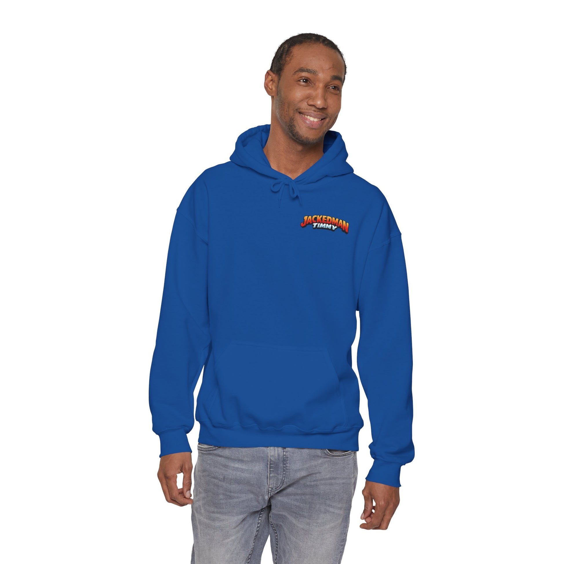 Man wearing a blue hoodie with a 'Jackedman Timmy' logo on a white background