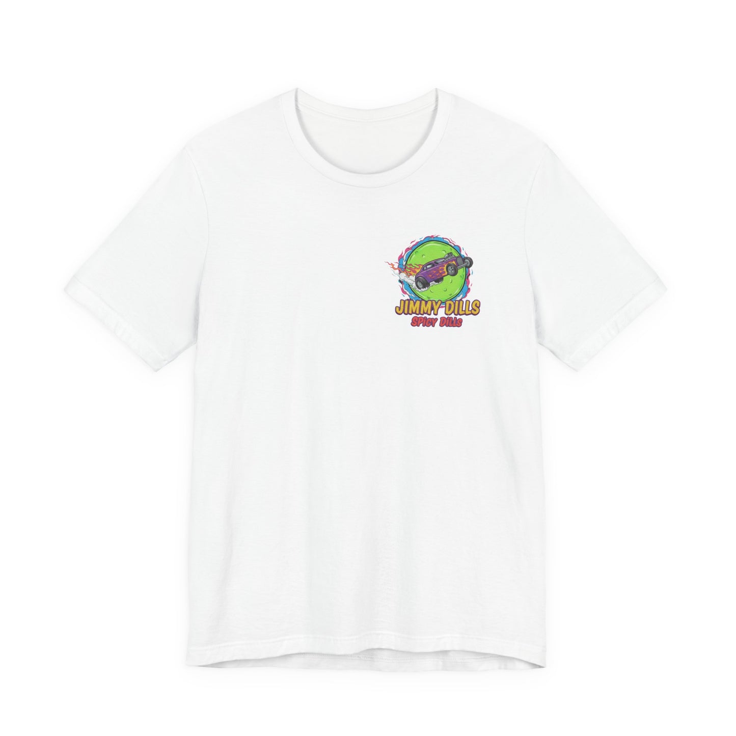 White t-shirt with a colorful 'Jimmy Dills Spicy Dills' logo on a white background