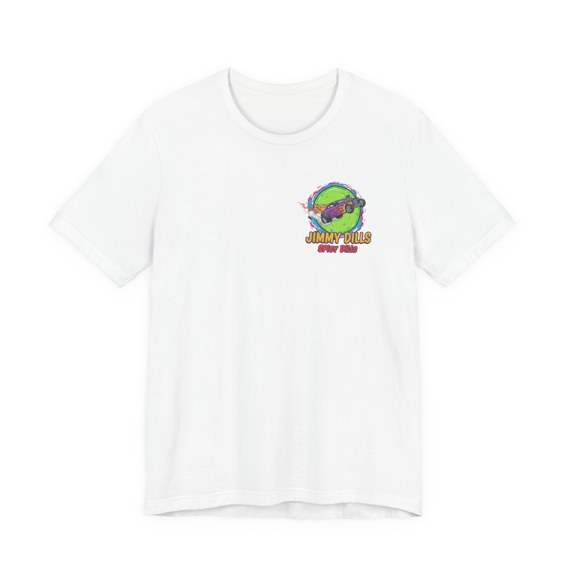 White t-shirt with a colorful 'Jimmy Dills Spicy Dills' logo on a white background