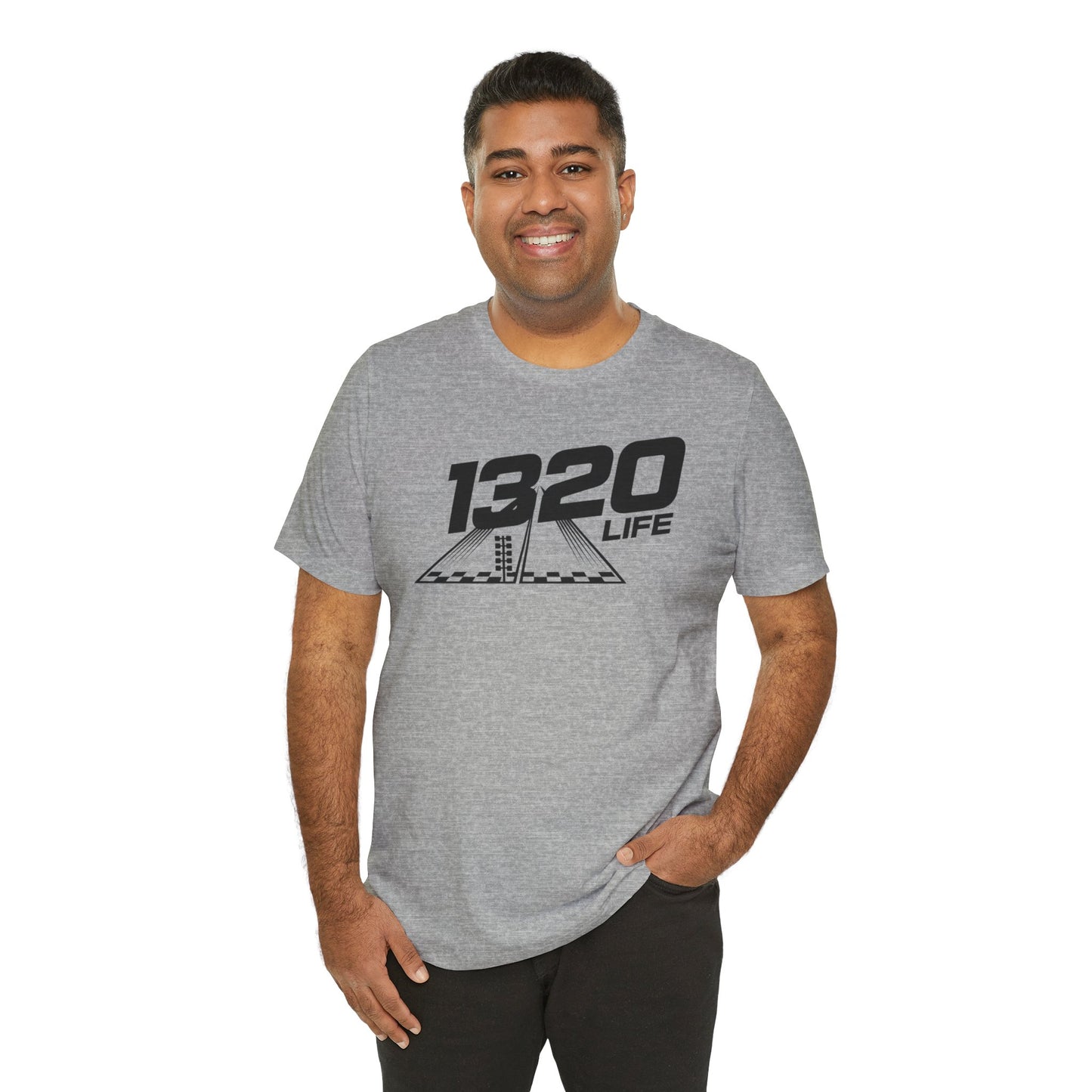 Man wearing a gray t-shirt with '1320 LIFE' design on a white background