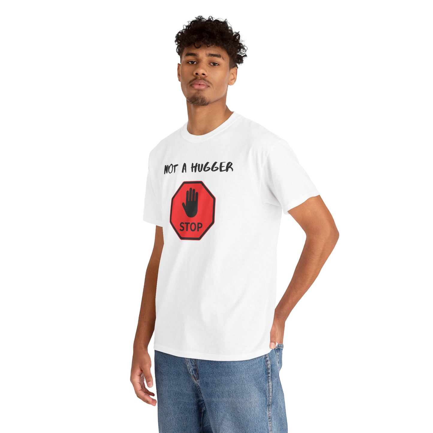 Person wearing a white t-shirt with a graphic design and text 'NOT A HUGGER' on a white background