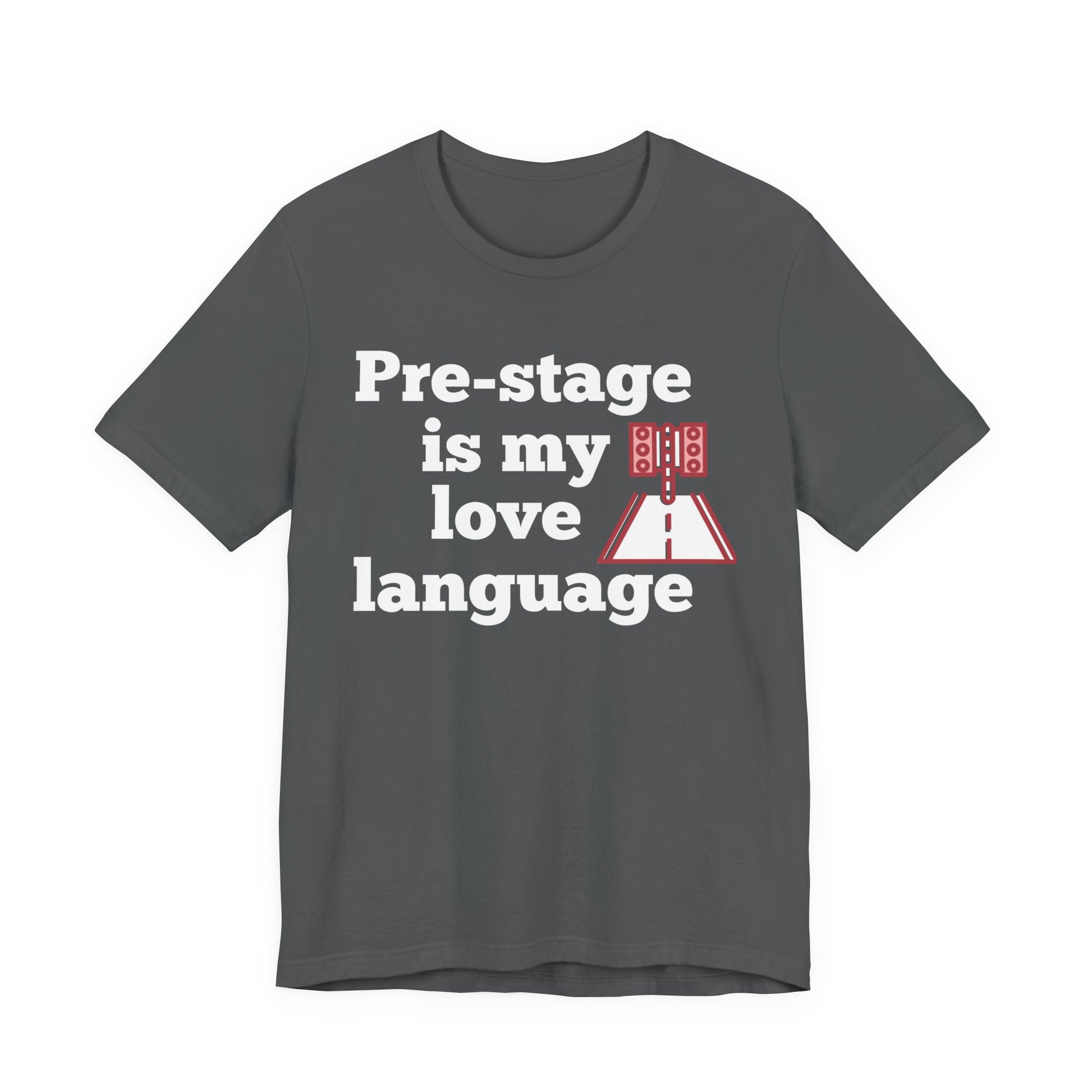 Gray t-shirt with white text 'Snooze button is my love language' and red graphic on a white background