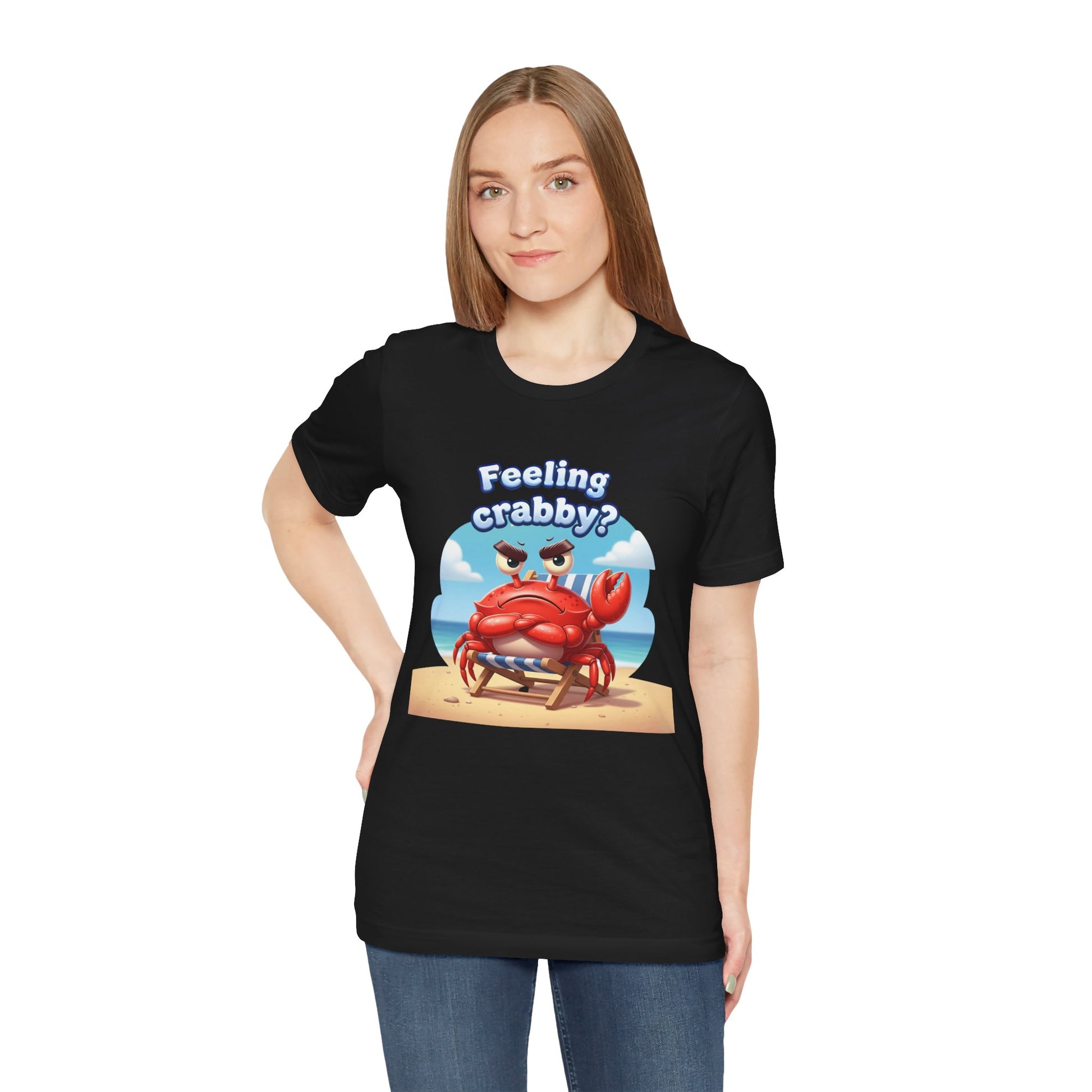 Person wearing a black t-shirt with a cartoon crab and text 'Feeling crabby?' on a white background