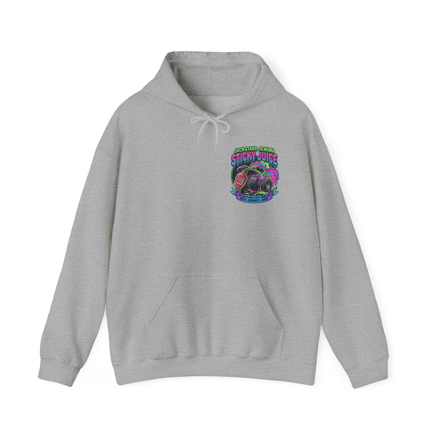 Gray hoodie with a colorful graphic 'Jackstand Jemima' logo on the chest against a white background