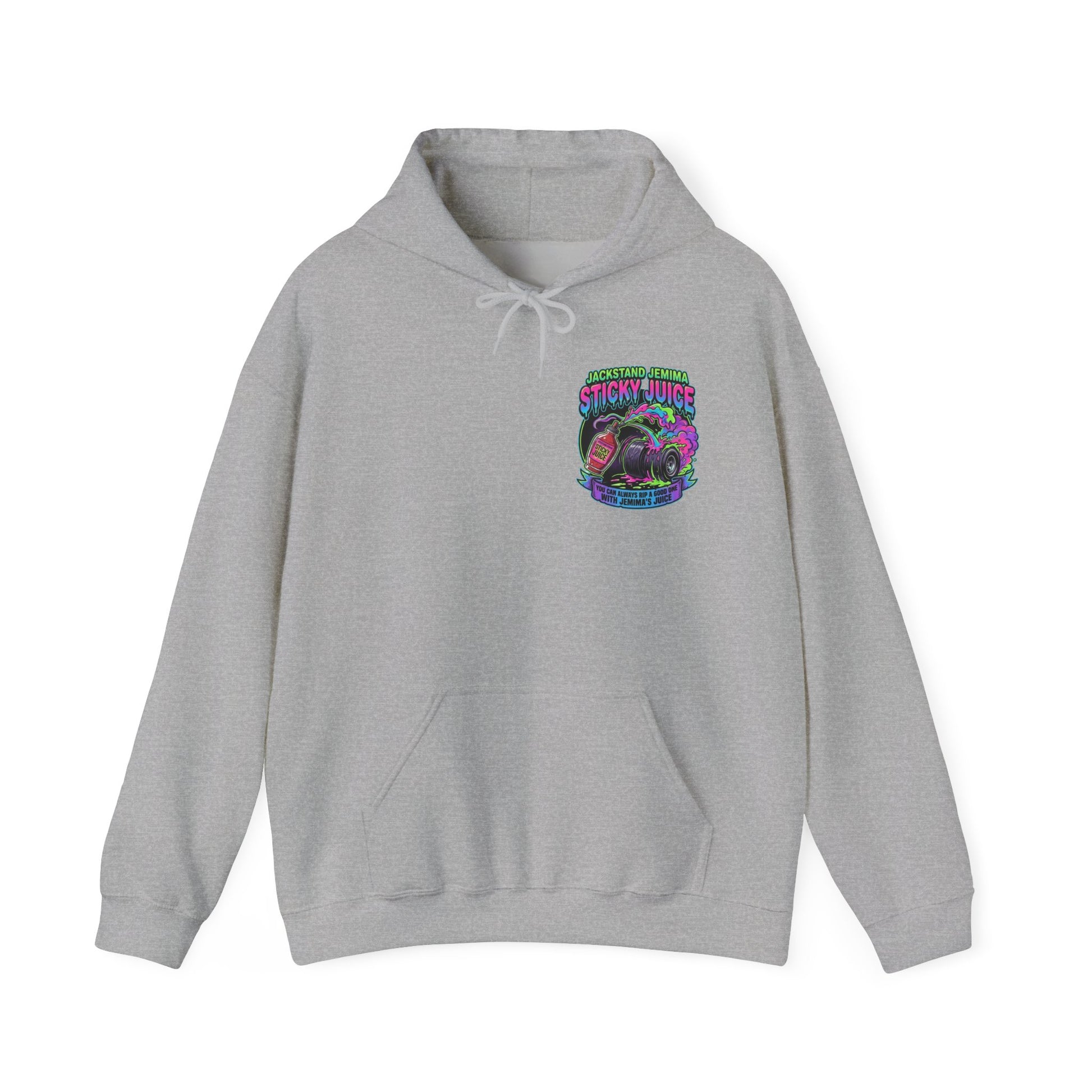 Gray hoodie with a colorful graphic 'Jackstand Jemima' logo on the chest against a white background