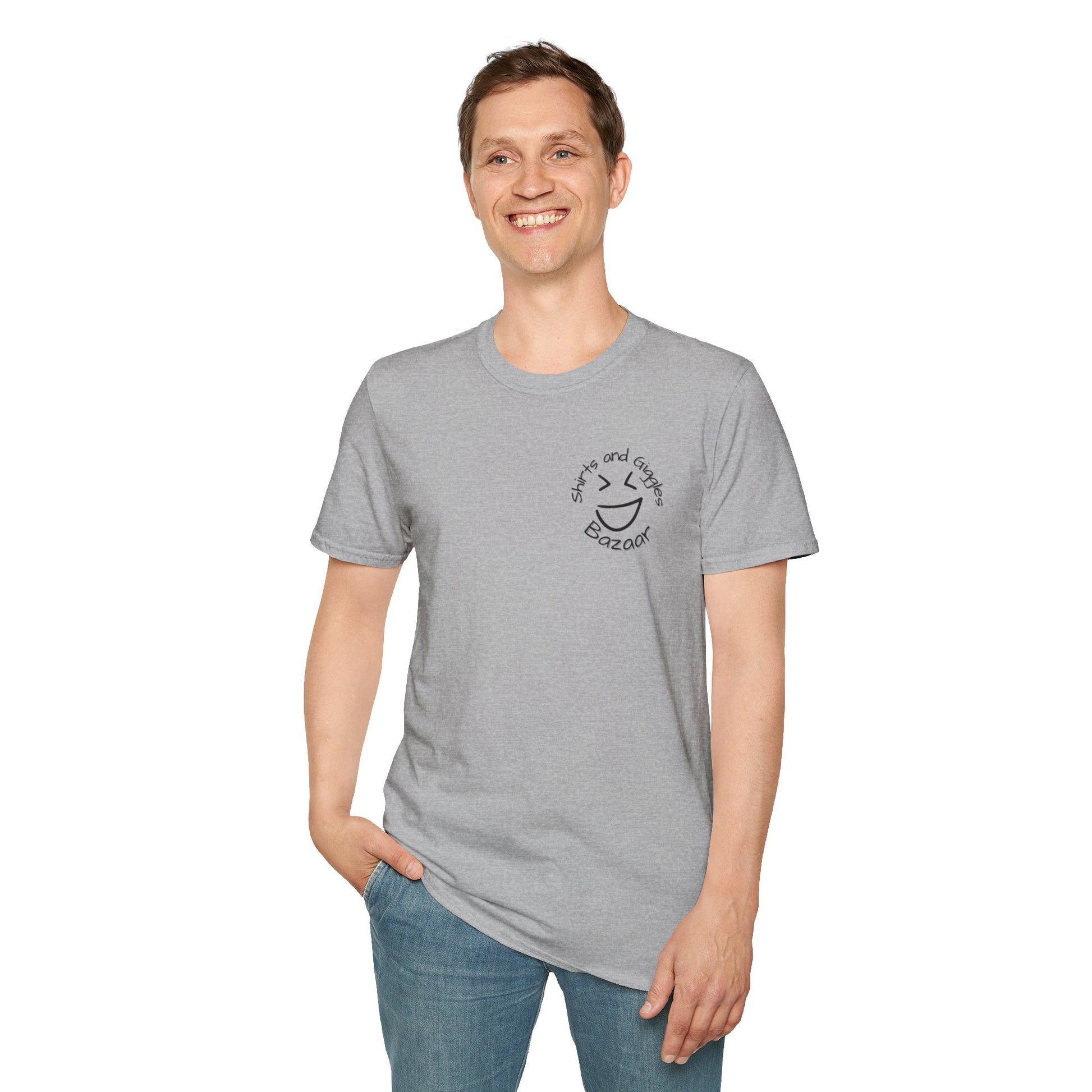 Man wearing a gray t-shirt with a 'Shirts and Giggles Bazaar' logo on a white background