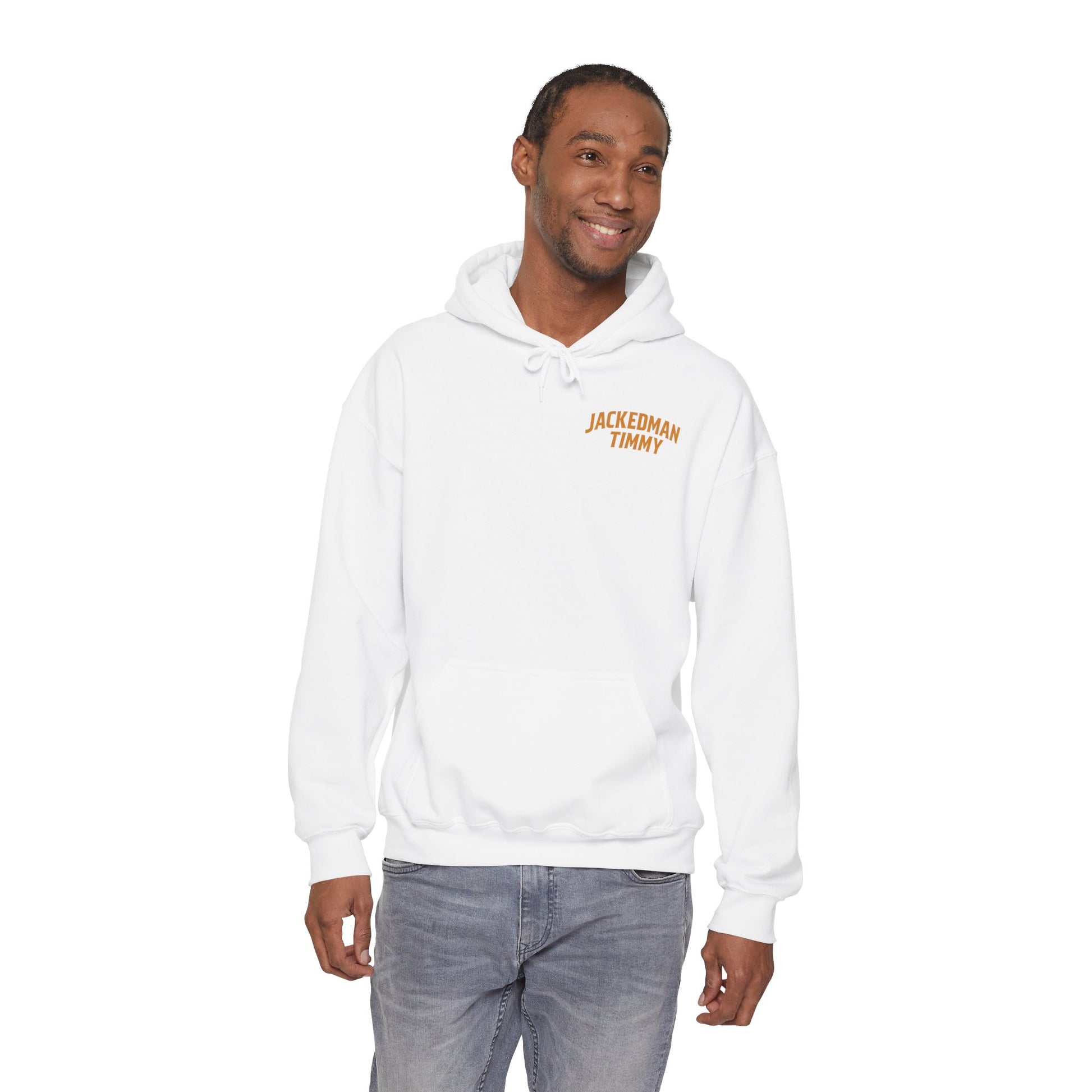 Man wearing a white hoodie with 'JACKEDMAN TIMMY' text on a white background