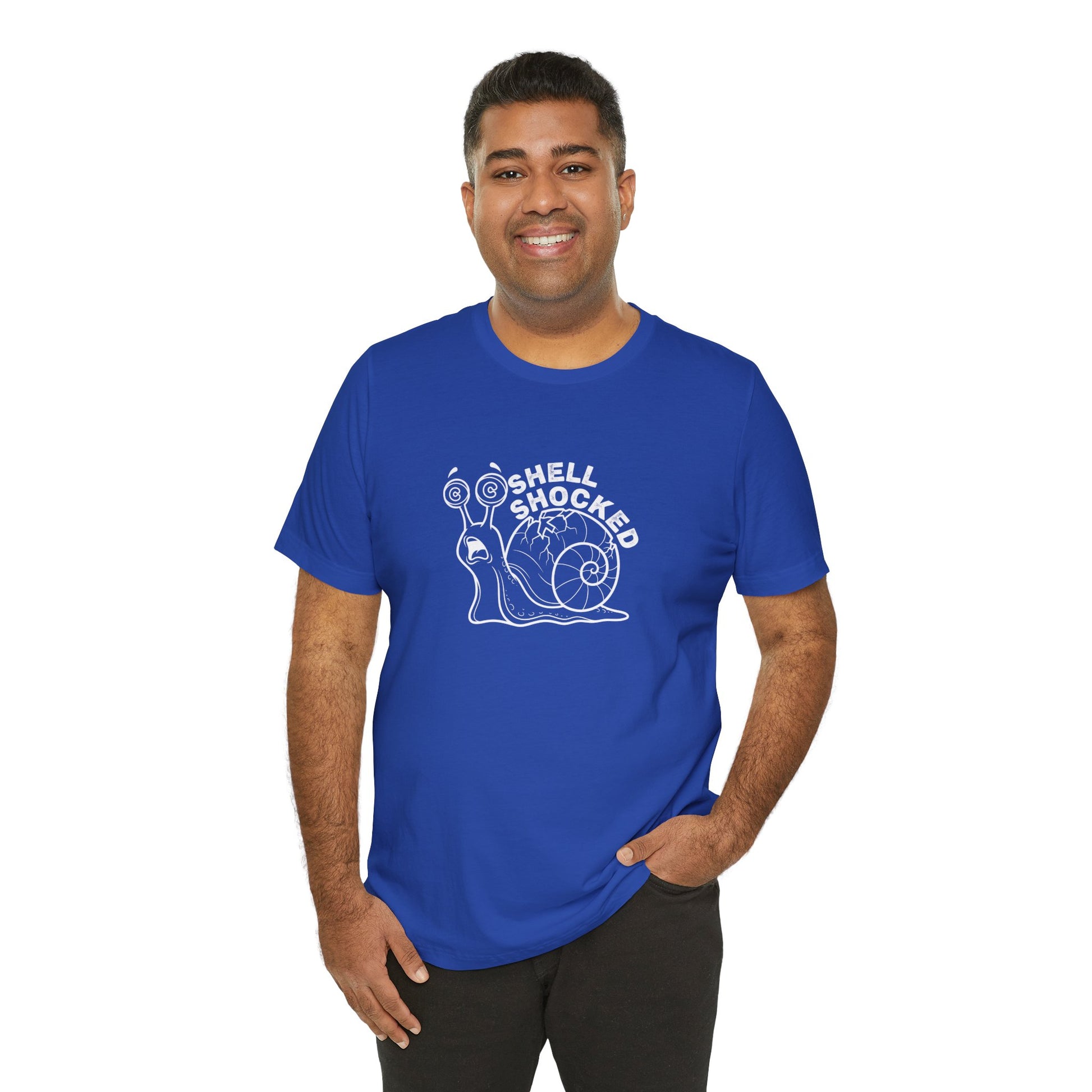 Man wearing a blue t-shirt with a snail graphic and text 'Shell Shocked' on a white background