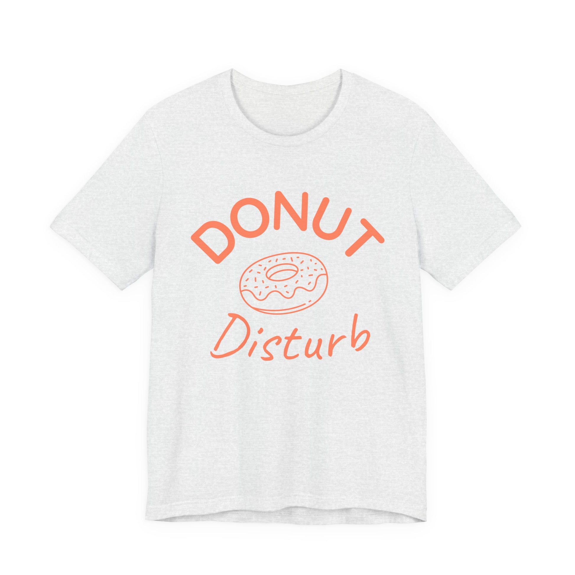 White t-shirt with 'DONUT Disturb' text and donut graphic on a white background