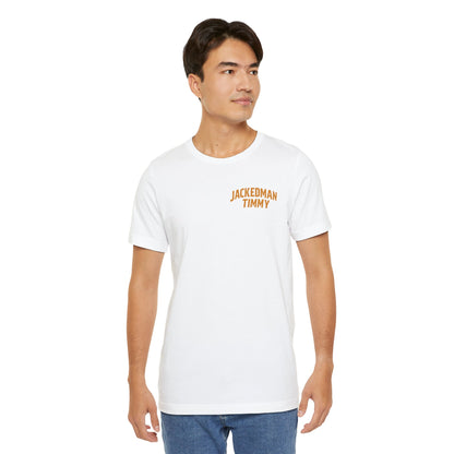 Man wearing a white t-shirt with 'Jackedman Timmy' text on a white background