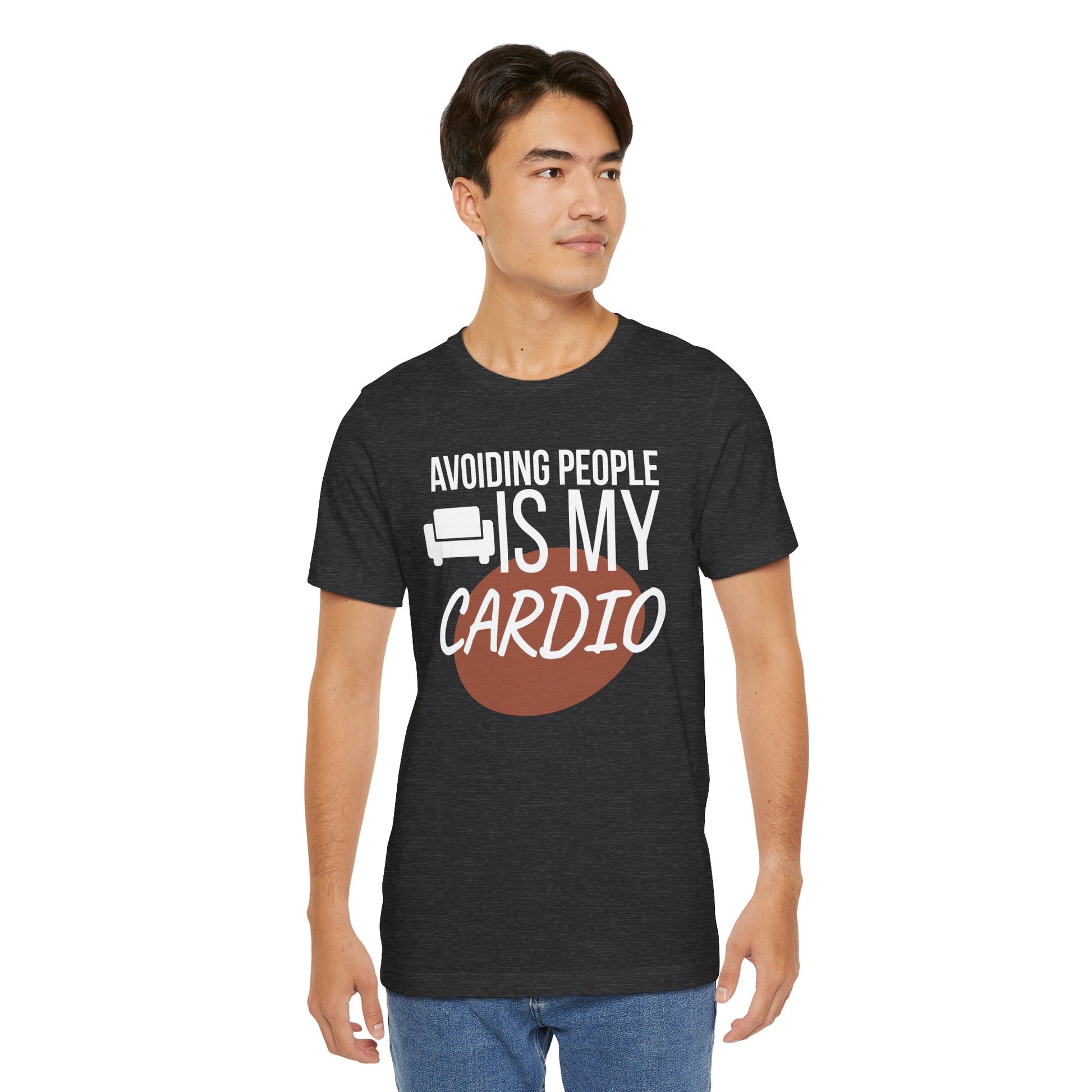 Man wearing a black t-shirt with humorous text 'Avoiding People Is My Cardio' design on a white background