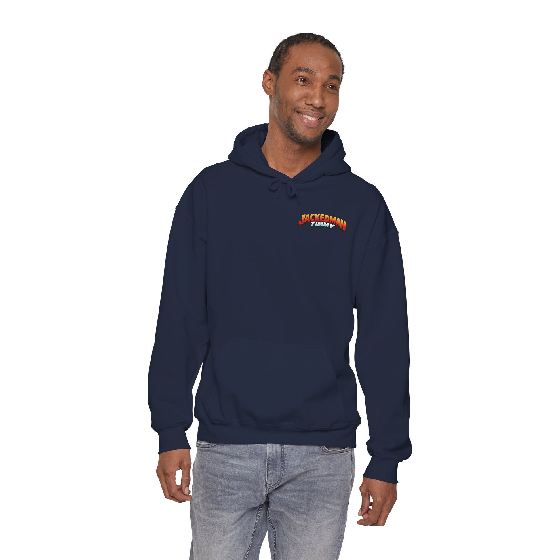 Man wearing a navy hoodie with a 'Jackedman Timmy' logo on a white background