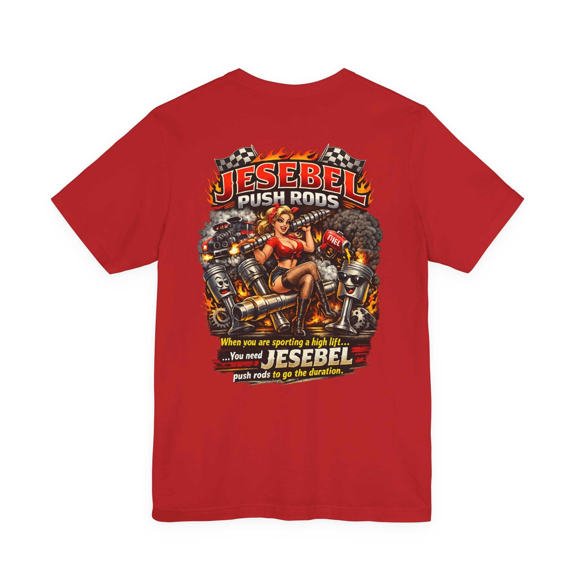 Red t-shirt with a graphic design on the back featuring a woman and mechanical elements, branded 'Jesabel Push Rods'.