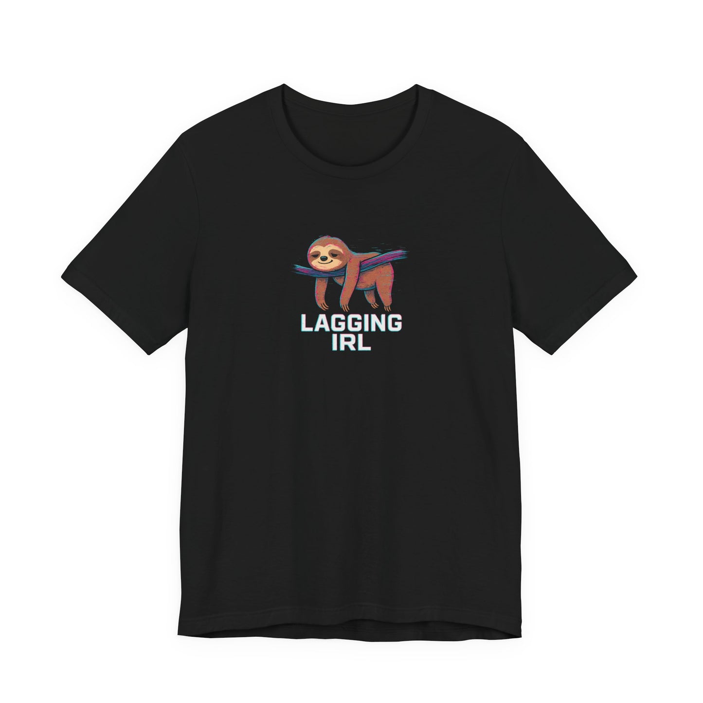 Black t-shirt with a sloth graphic and 'LAGGING IRL' text on a white background