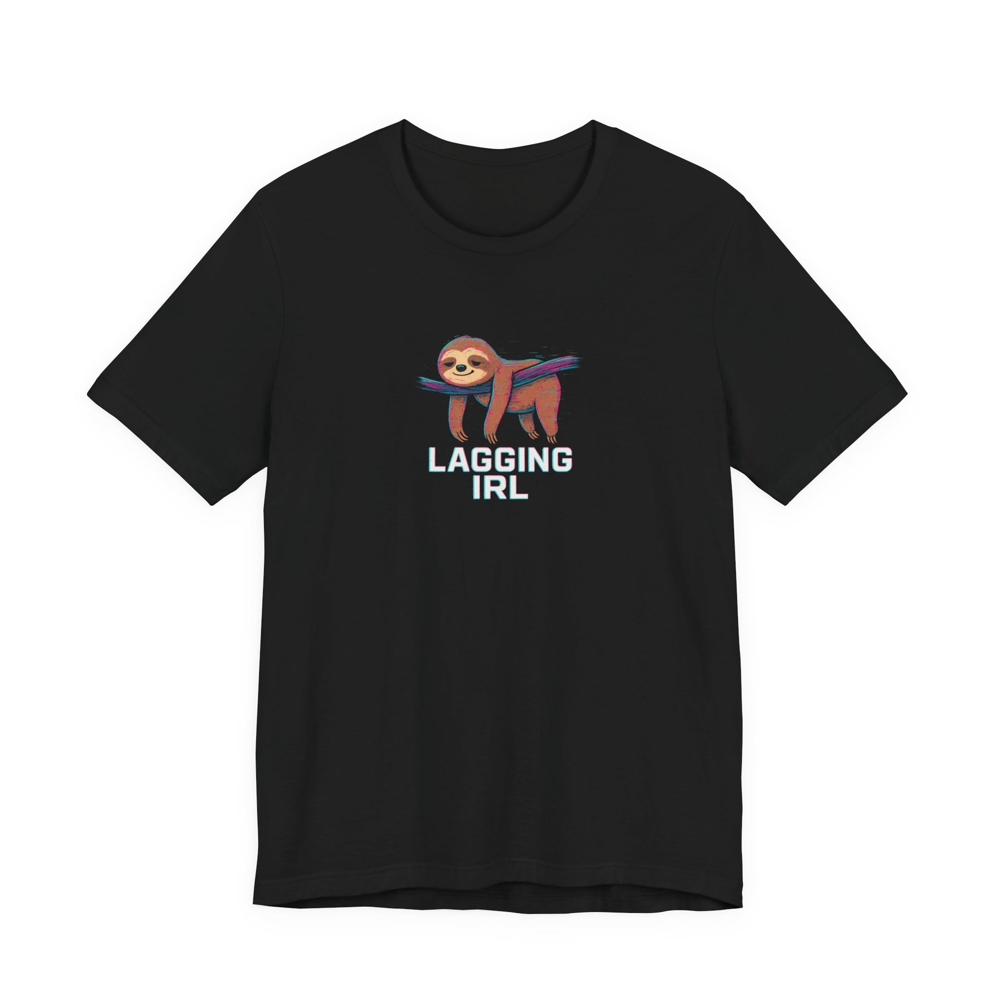 Black t-shirt with a sloth graphic and 'LAGGING IRL' text on a white background