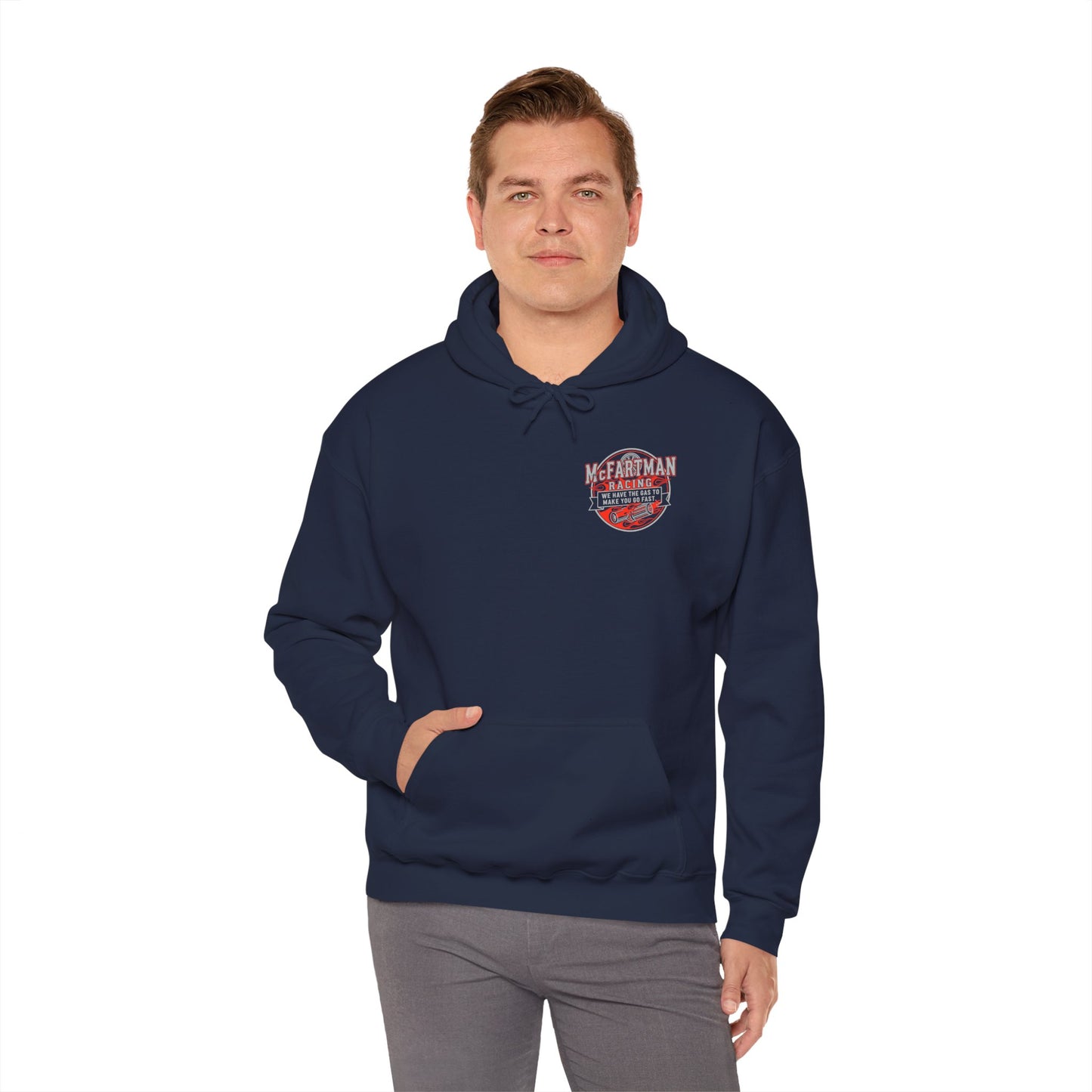 Man wearing a navy blue hoodie with a logo McFartman Racing We have the gas to make you go fast on a white background