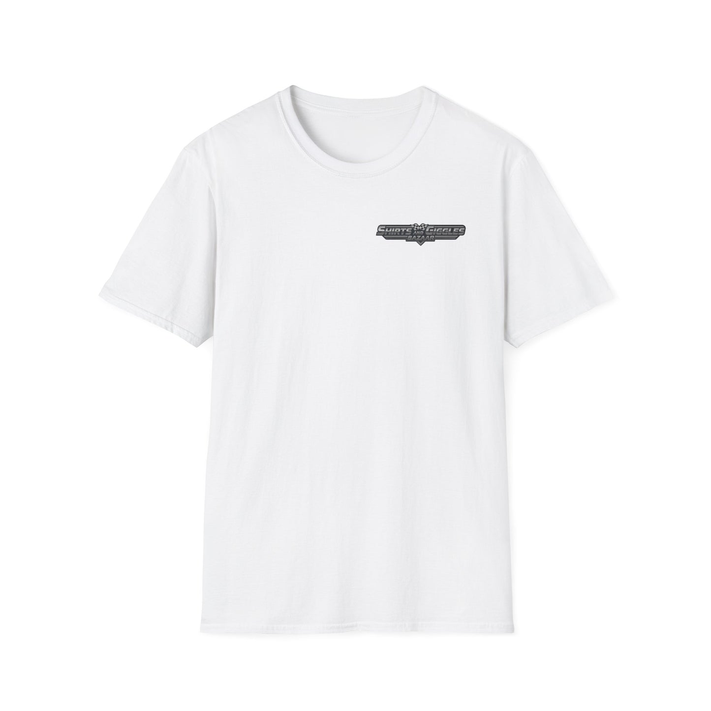 White t-shirt with a small 'Shirts and Giggles Bazaar' logo on a white background