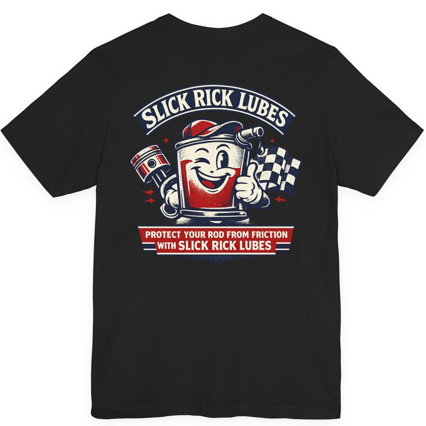 Black t-shirt with 'Slick Rick Lubes' graphic on the back