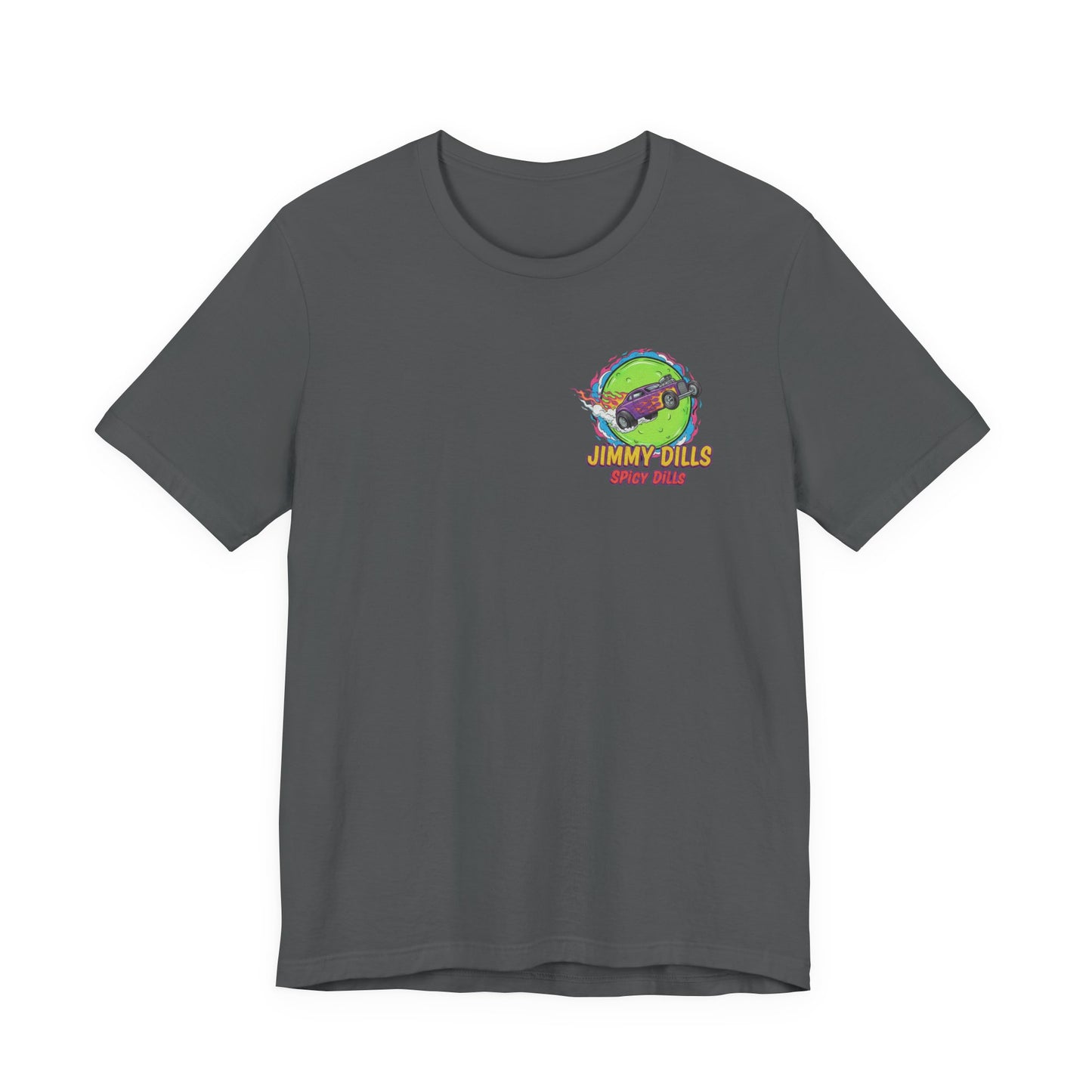 Gray t-shirt with a colorful graphic and 'Jimmy Dills Spicy Dills' text on a white background
