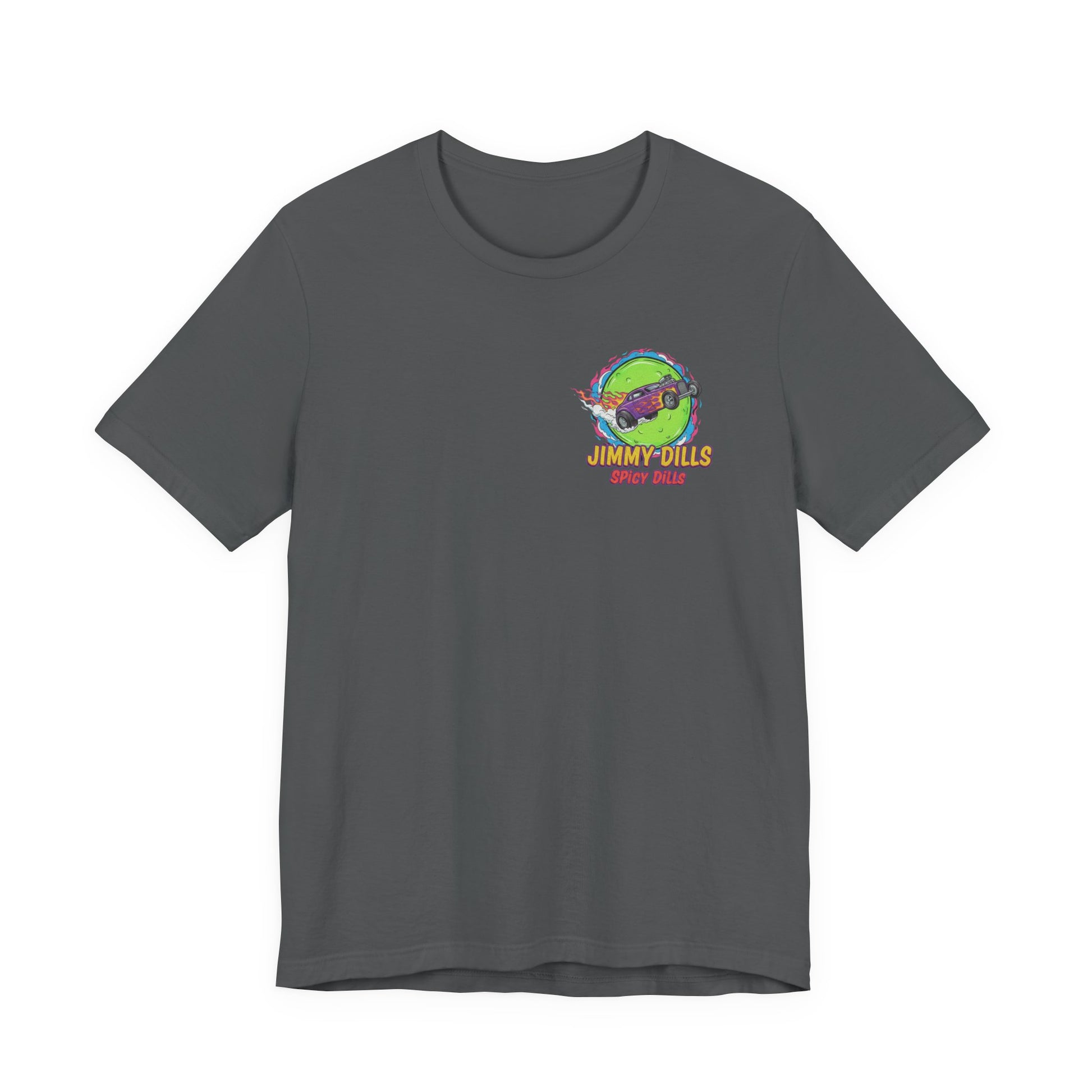 Gray t-shirt with a colorful graphic and 'Jimmy Dills Spicy Dills' text on a white background