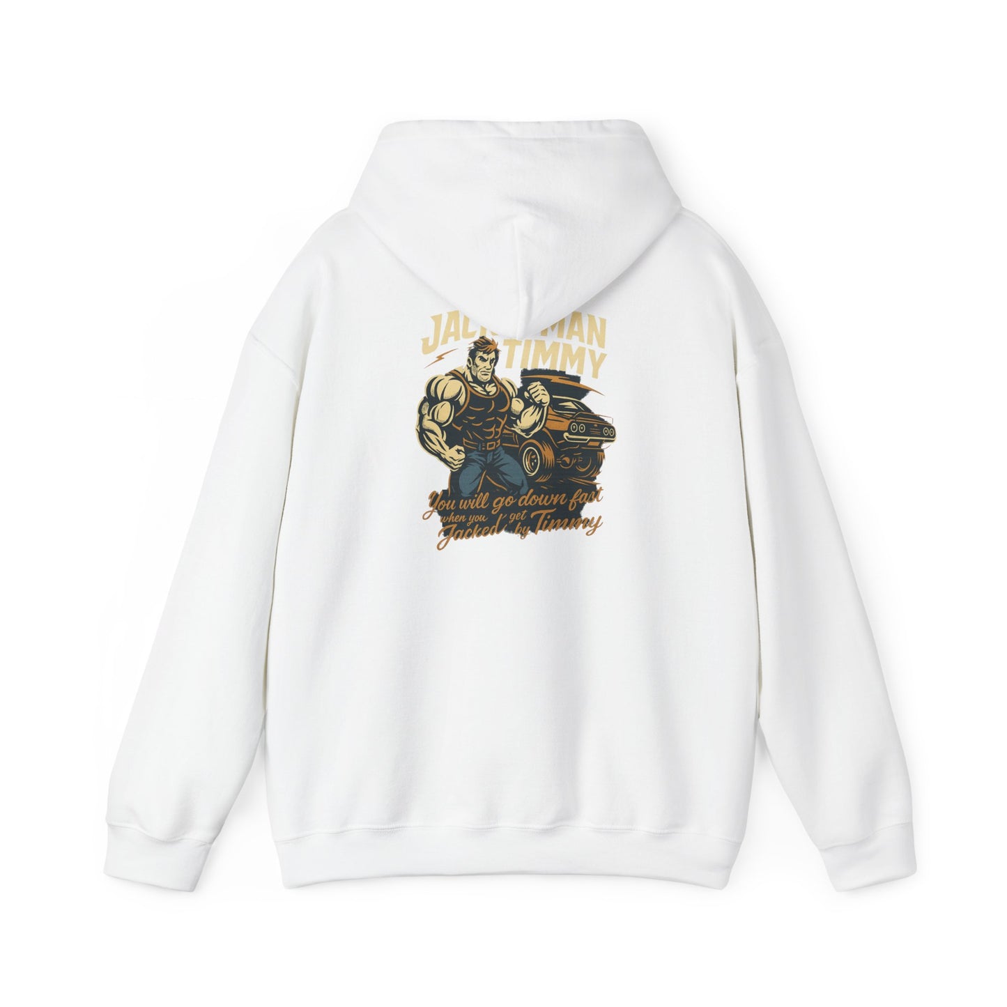 White hoodie with 'JACKEDMAN TIMMY' graphic design on the back against a white background