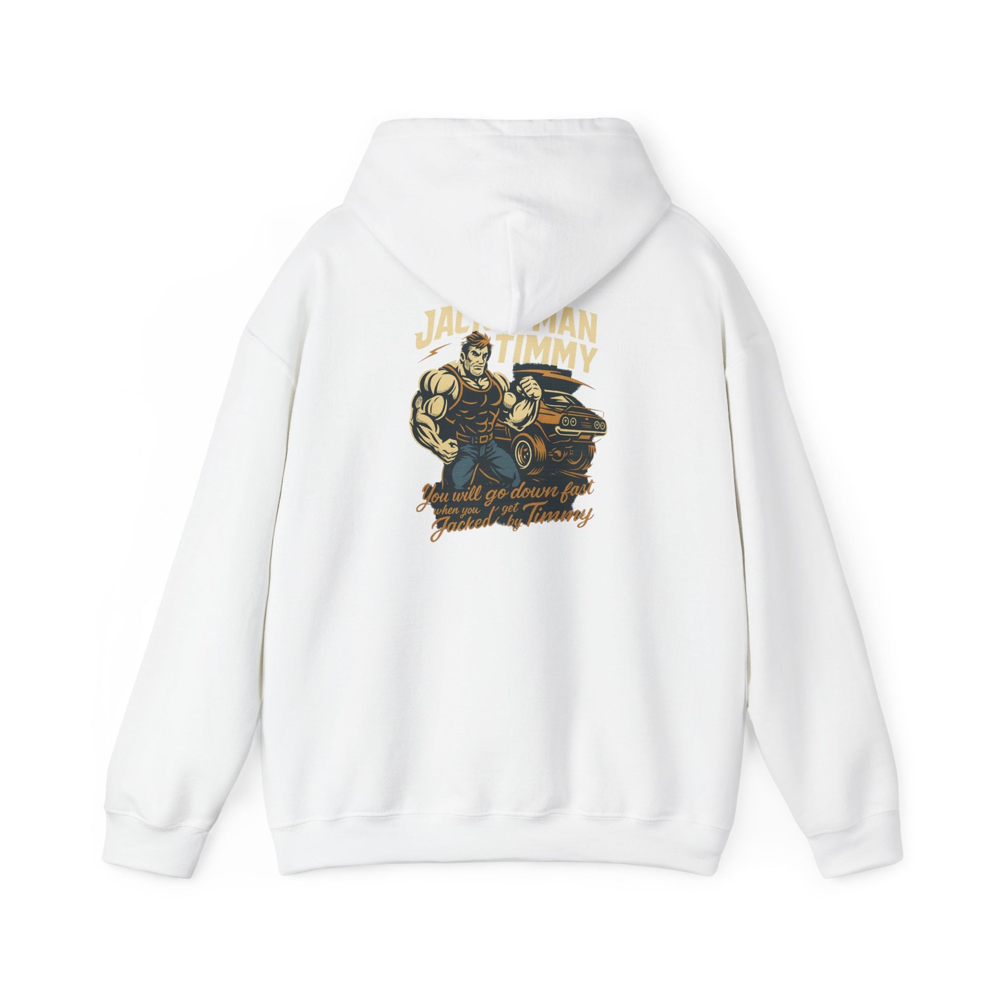 White hoodie with 'JACKEDMAN TIMMY' graphic design on the back against a white background