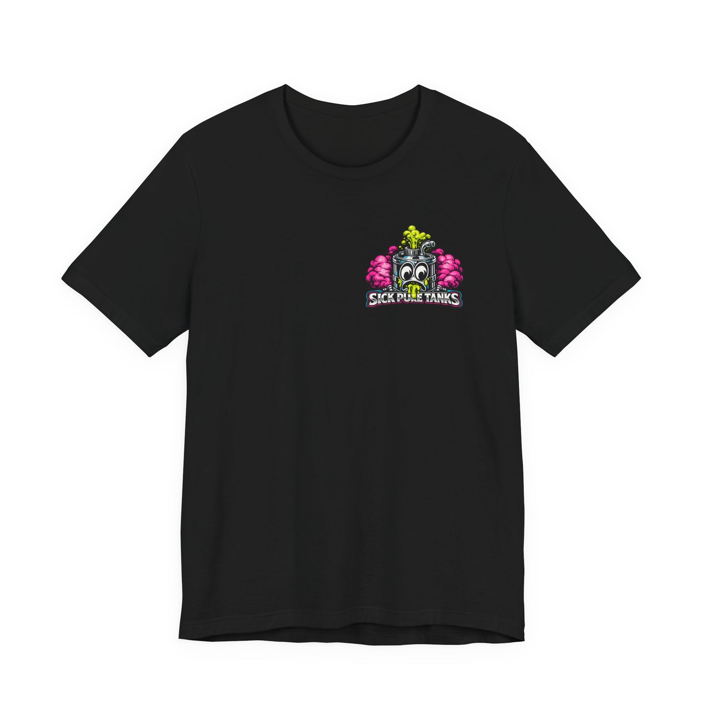 Black Bella+Canvas 3001 t-shirt with a colorful 'Sick Puke Tanks' logo 