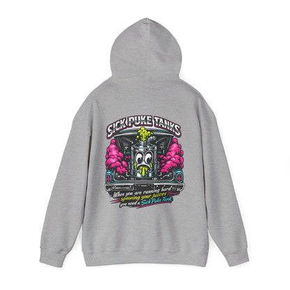 Sick Puke Tank hoodie back design in sport gray - Flat lay showing large back print with drag racing engine graphic and funny slogan