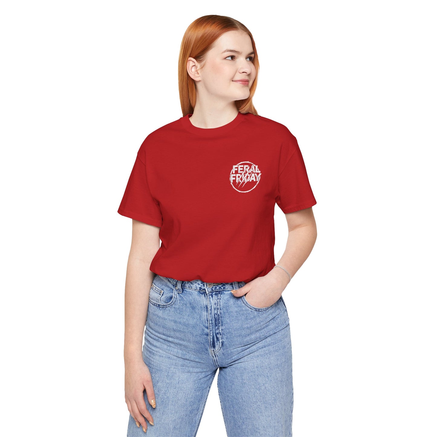 Person wearing a red t-shirt with a 'Feral Friday' logo on a white background