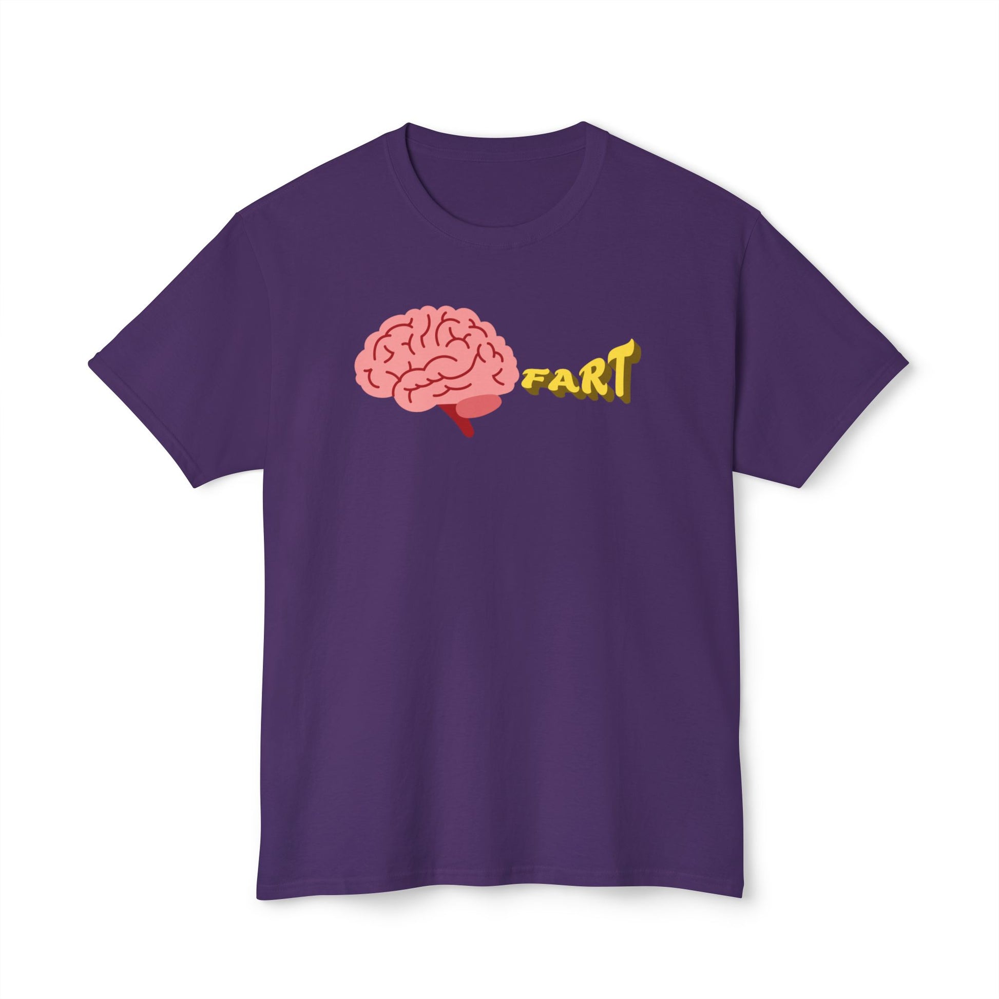 Purple t-shirt with a brain graphic and 'FART' text on a white background