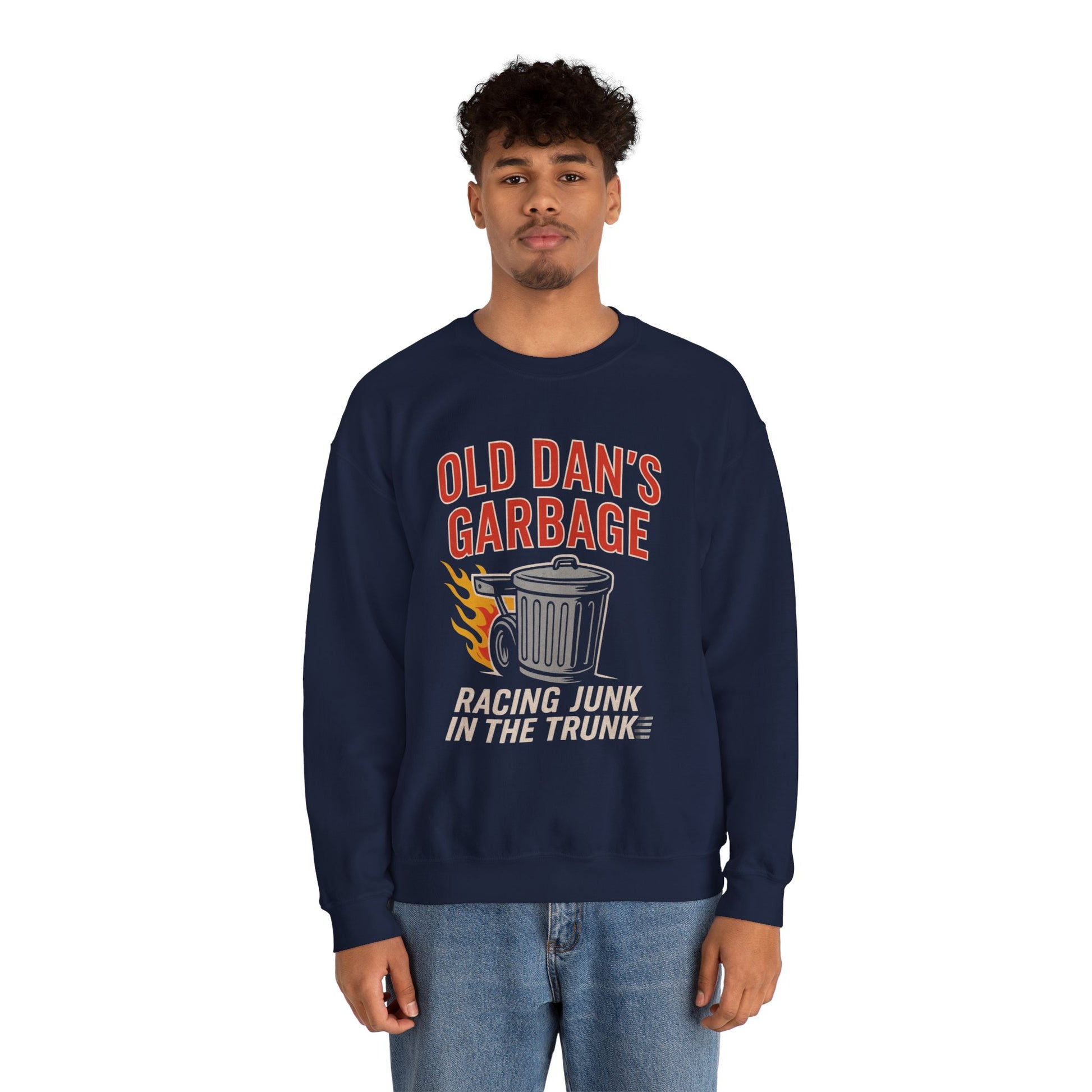 Young man wearing a navy Gildan 18000 sweatshirt with Old Dan's Garbage Racing Junk in the Trunk graphic.