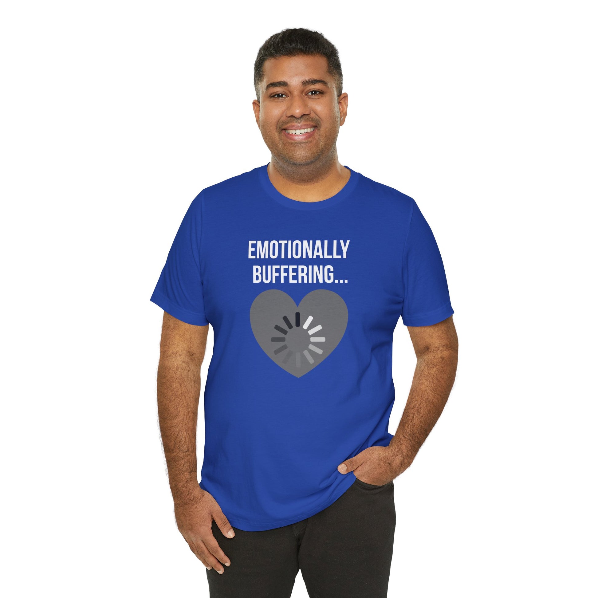 Man wearing a blue t-shirt with 'Emotionally Buffering...' text and heart design on a white background