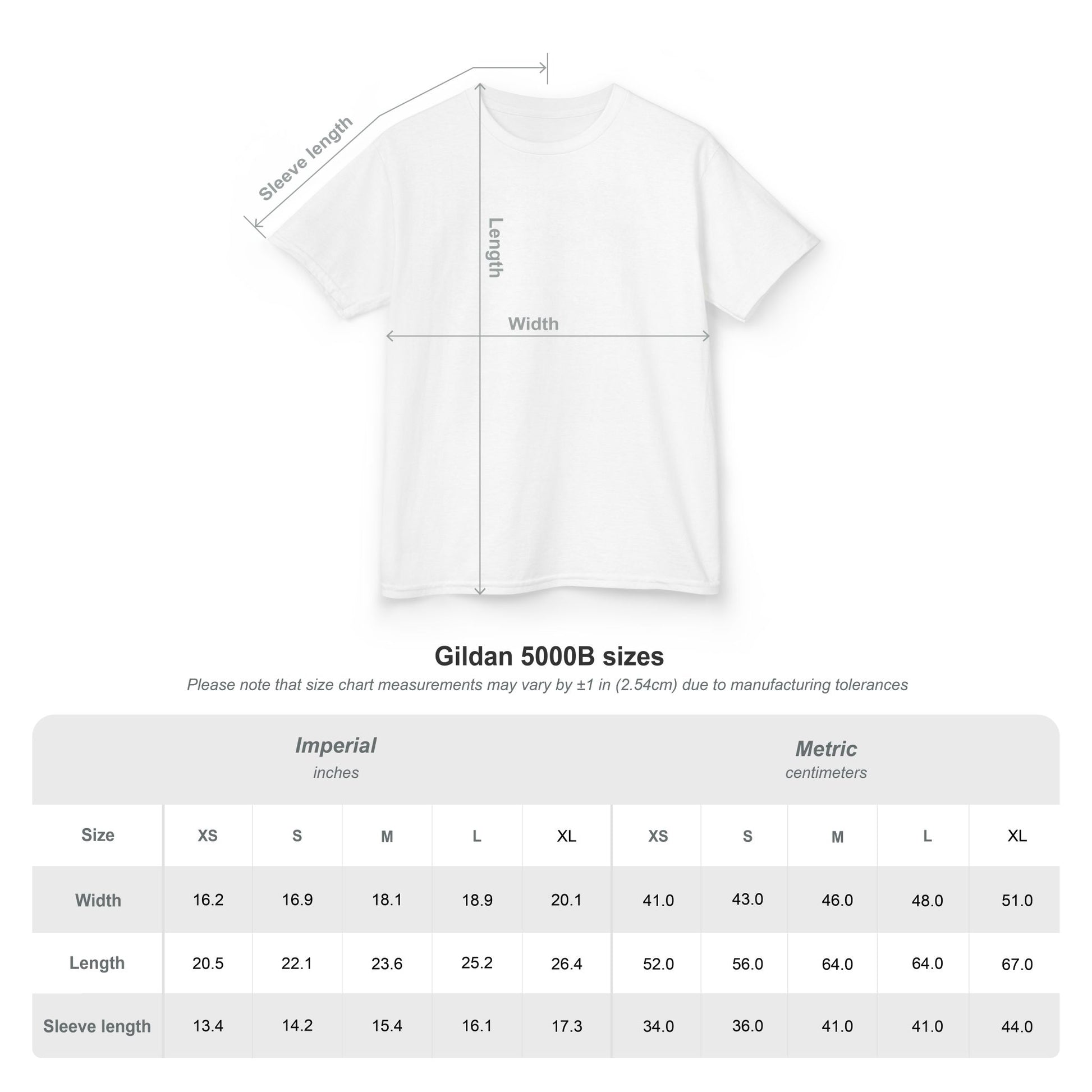 White t-shirt with measurement chart on a white background