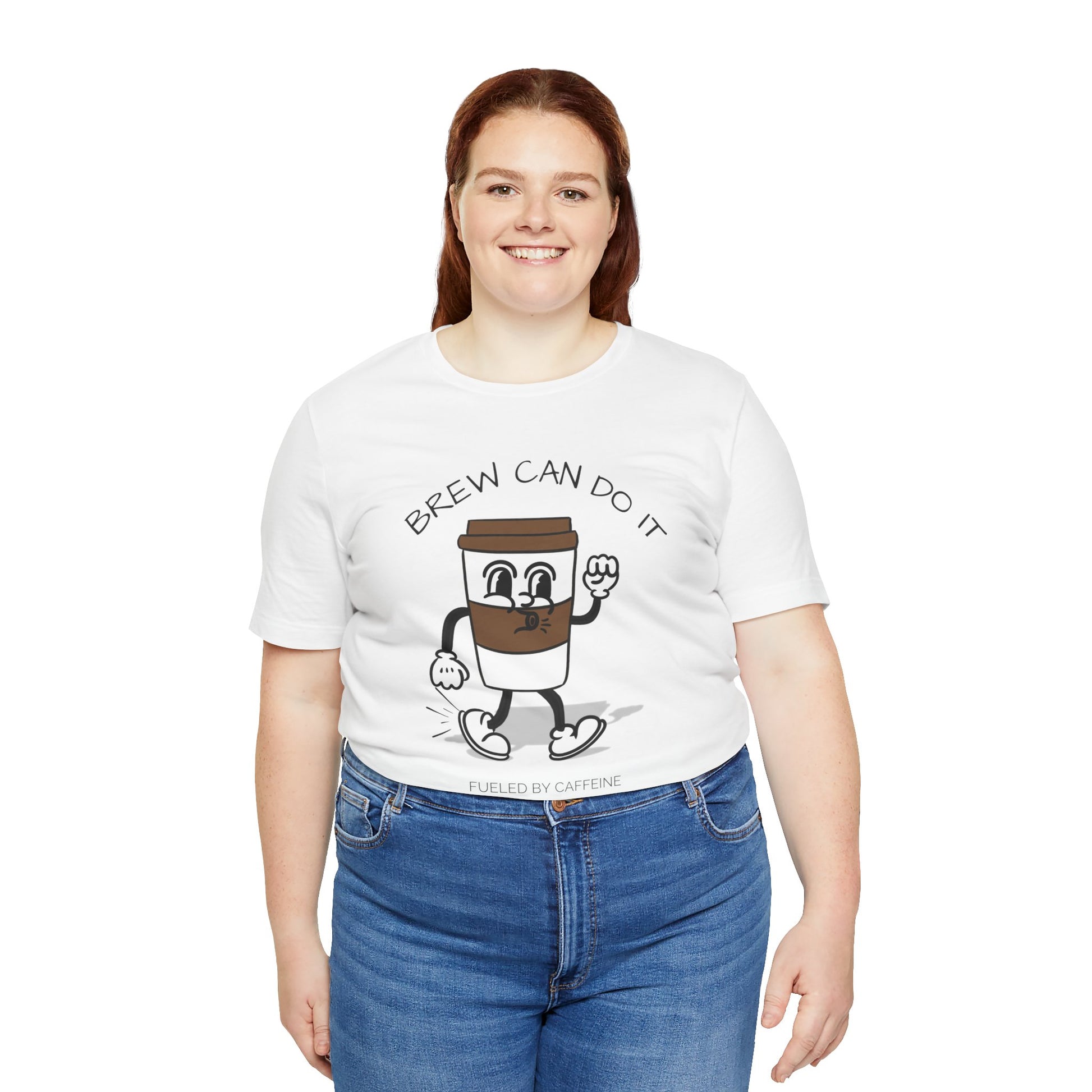 Person wearing a white t-shirt with a coffee-themed design and text 'Brew Can Do It Fueled By Caffeine' on a white background